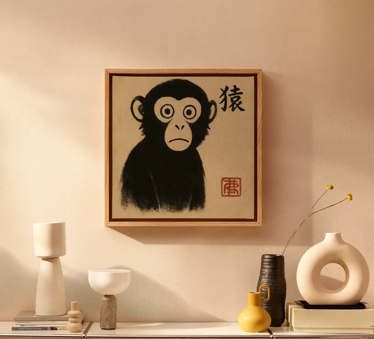Faccia di scimmia - Poster di animali tranquilli ispirati al Giappone tela con Cornice a cassetta da LittleMieschiefs