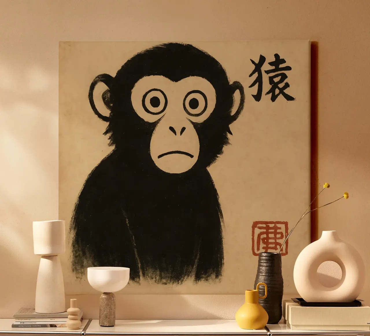 Faccia di scimmia - Poster di animali tranquilli ispirati al Giappone tela con Cornice a cassetta da LittleMieschiefs