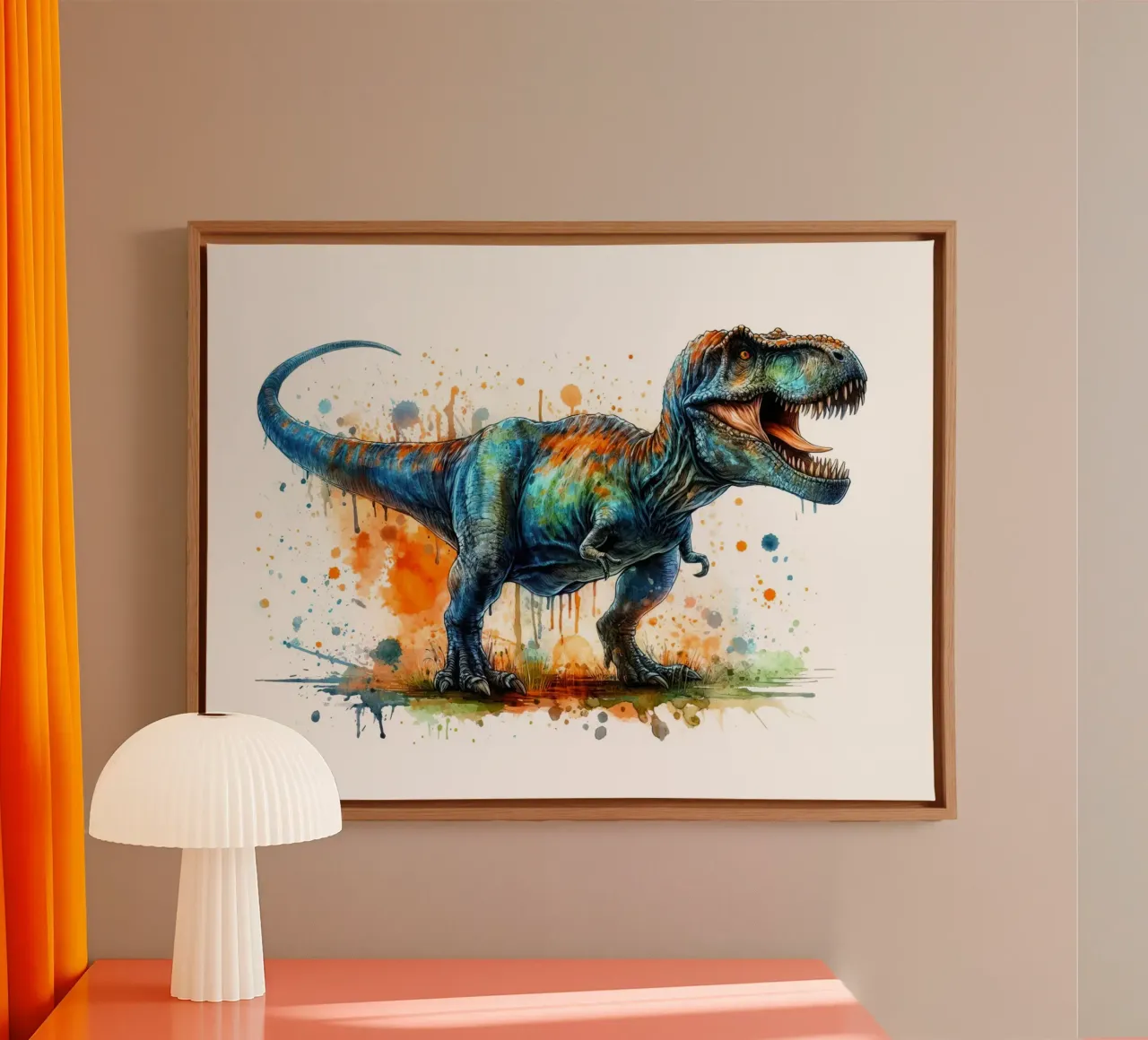 Dipinto colorato ad acquerello del Tyrannosaurus Rex tela con Cornice a cassetta da 🥝 KIWI STORE