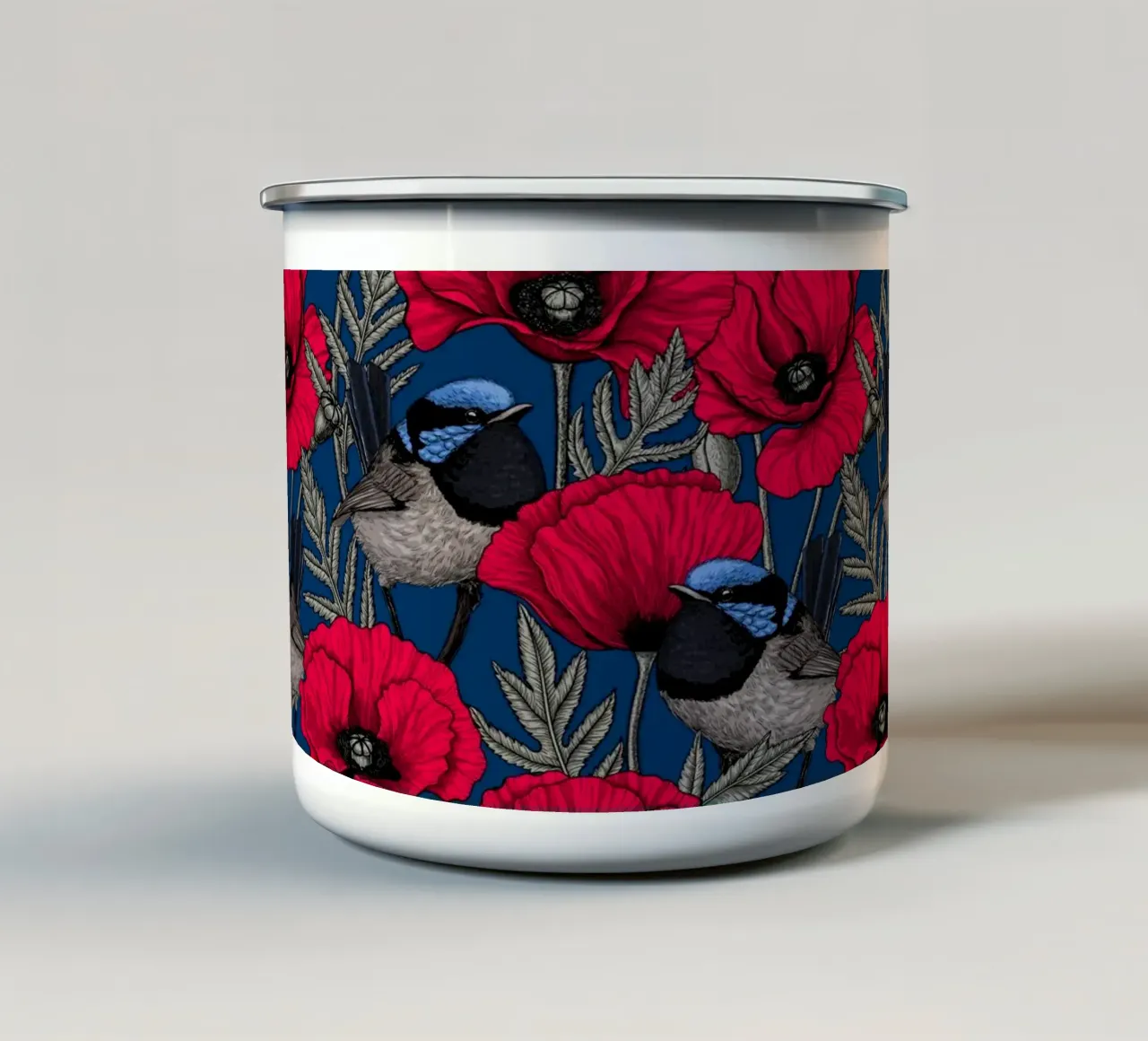 Scriccioli e papaveri rossi tazza in smalto da Painted Nature