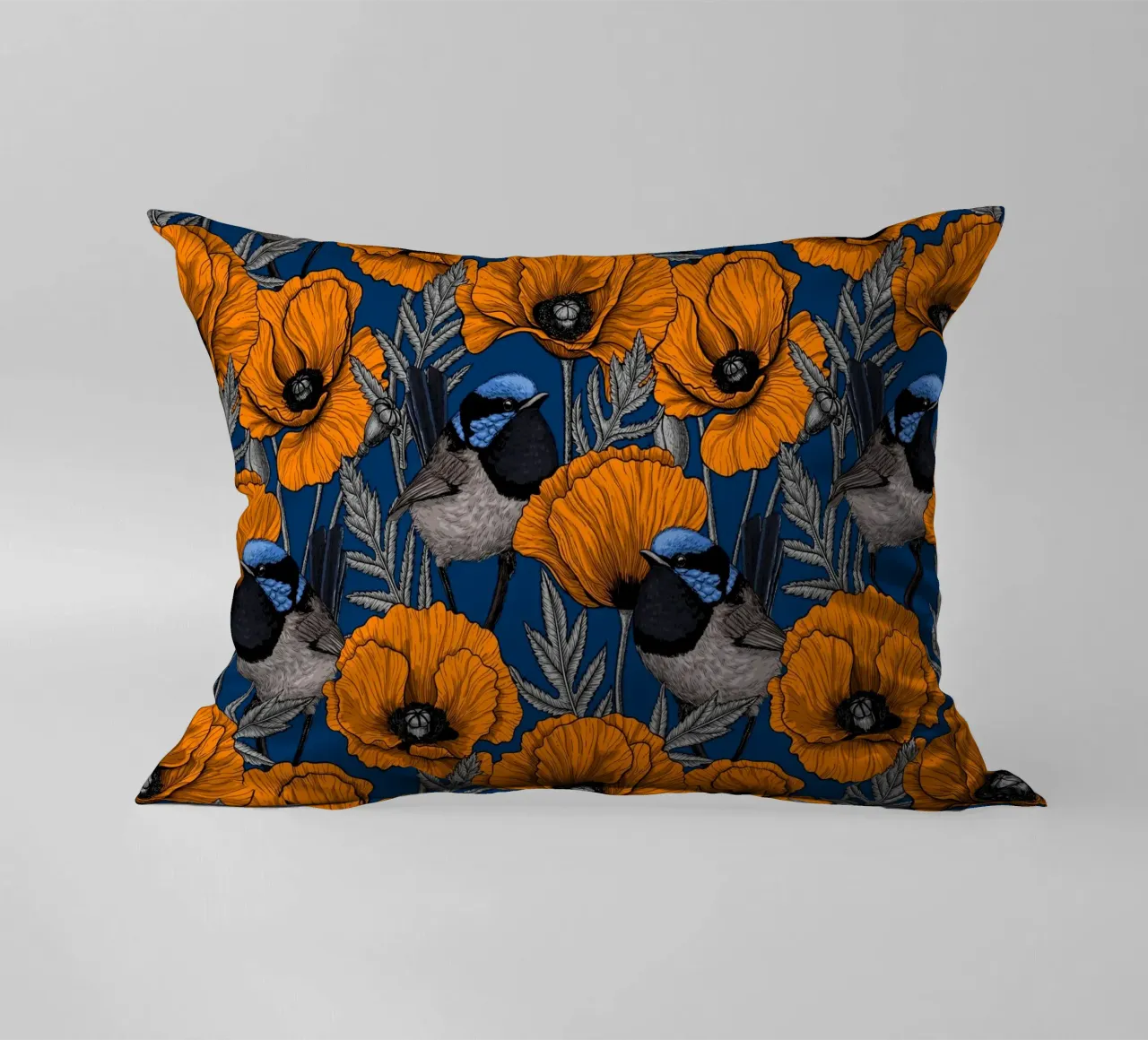 Fairy wrens and orange poppies decorative cushion by Painted Nature