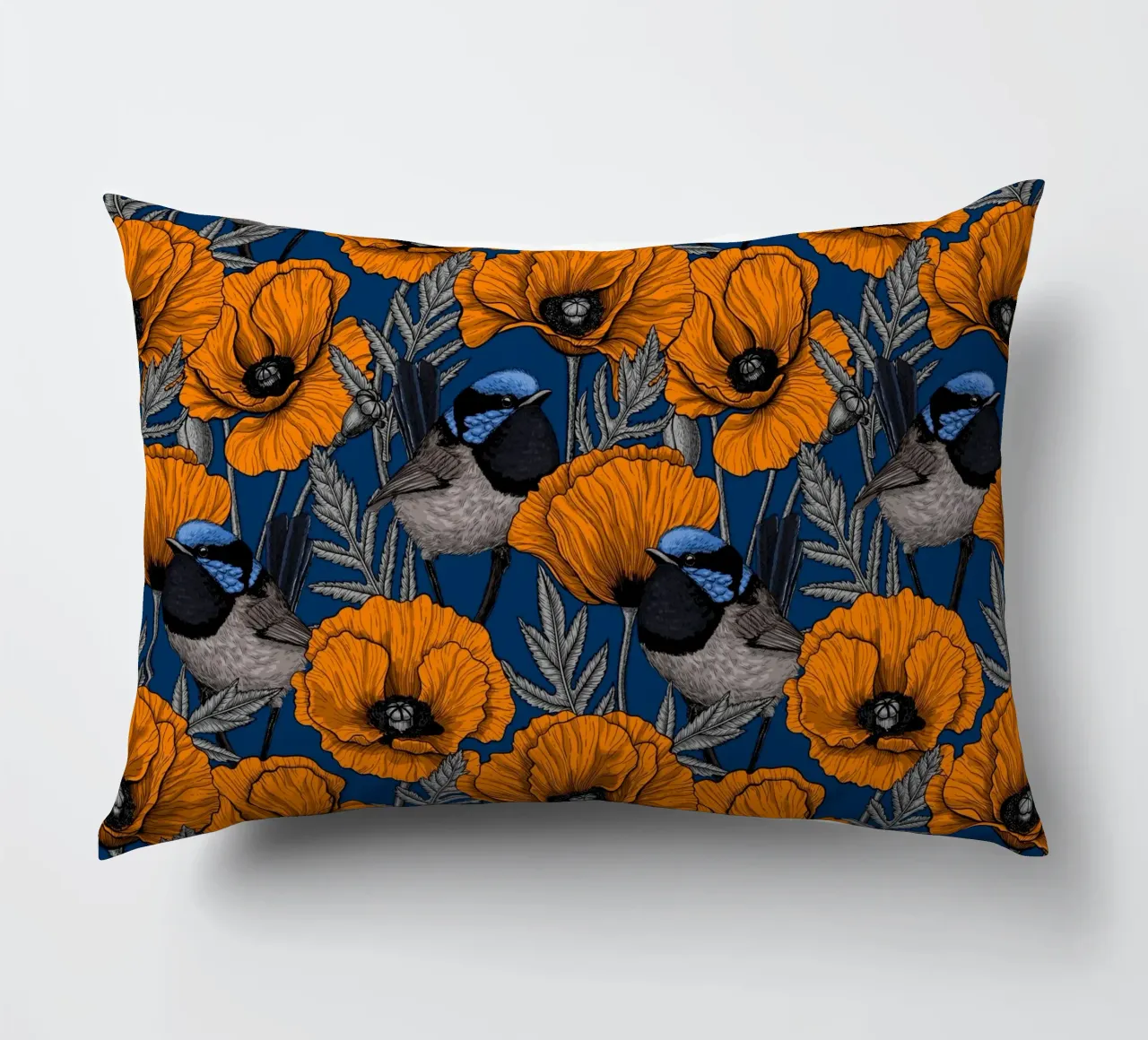 Fairy wrens and orange poppies decorative cushion by Painted Nature