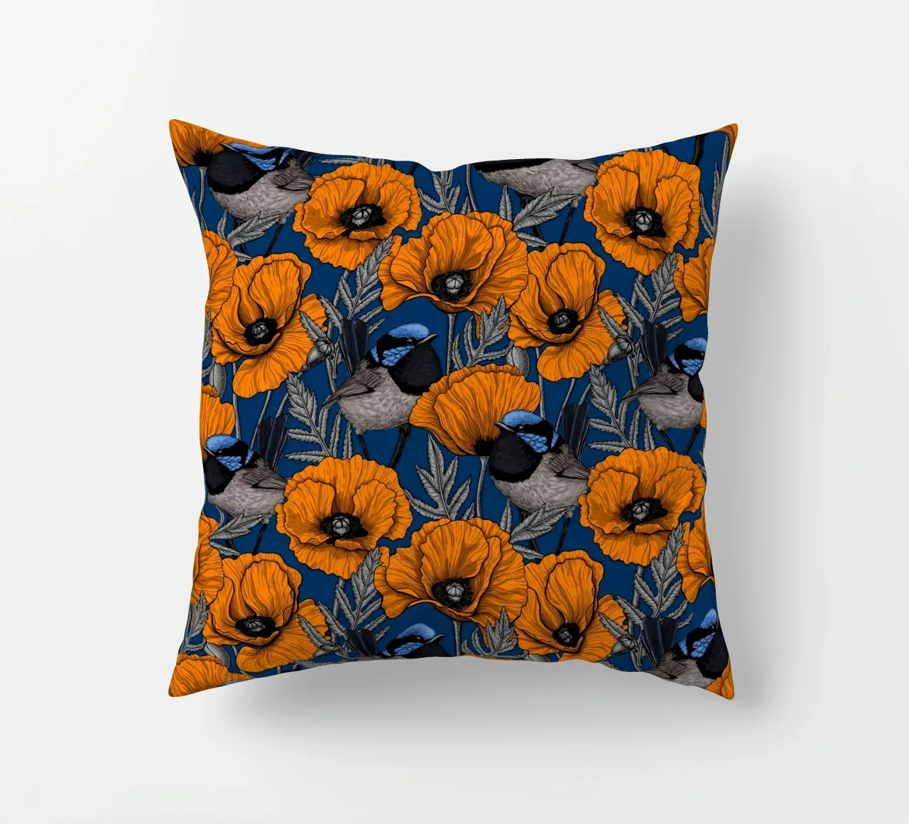 Fairy wrens and orange poppies decorative cushion by Painted Nature