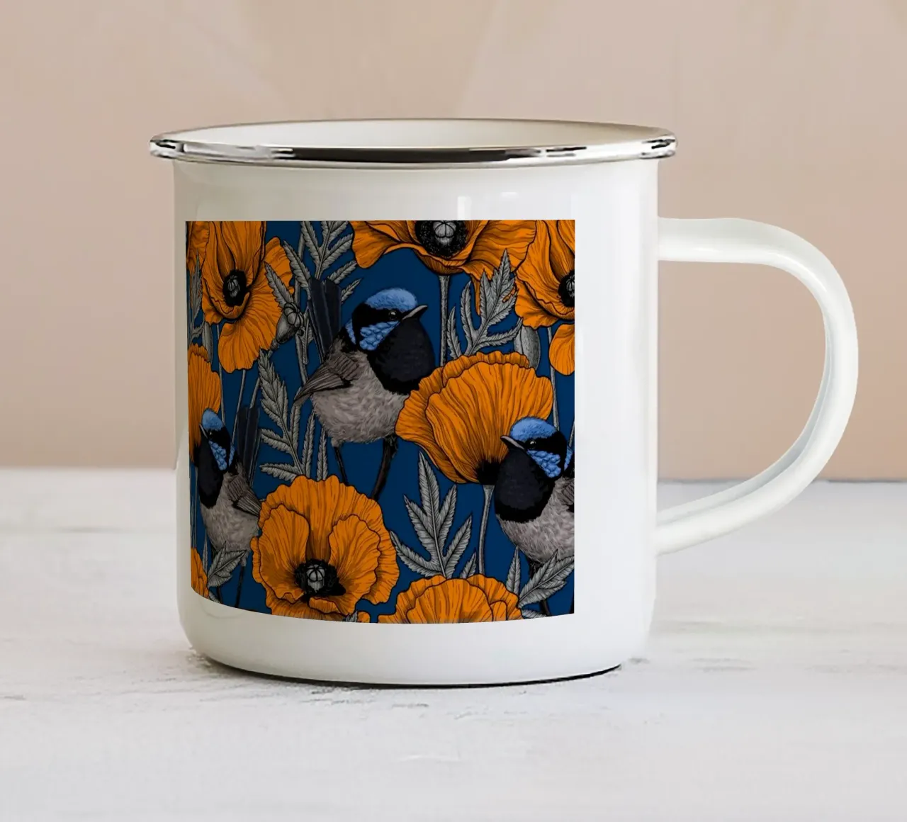 Scriccioli e papaveri arancioni tazza in smalto da Painted Nature
