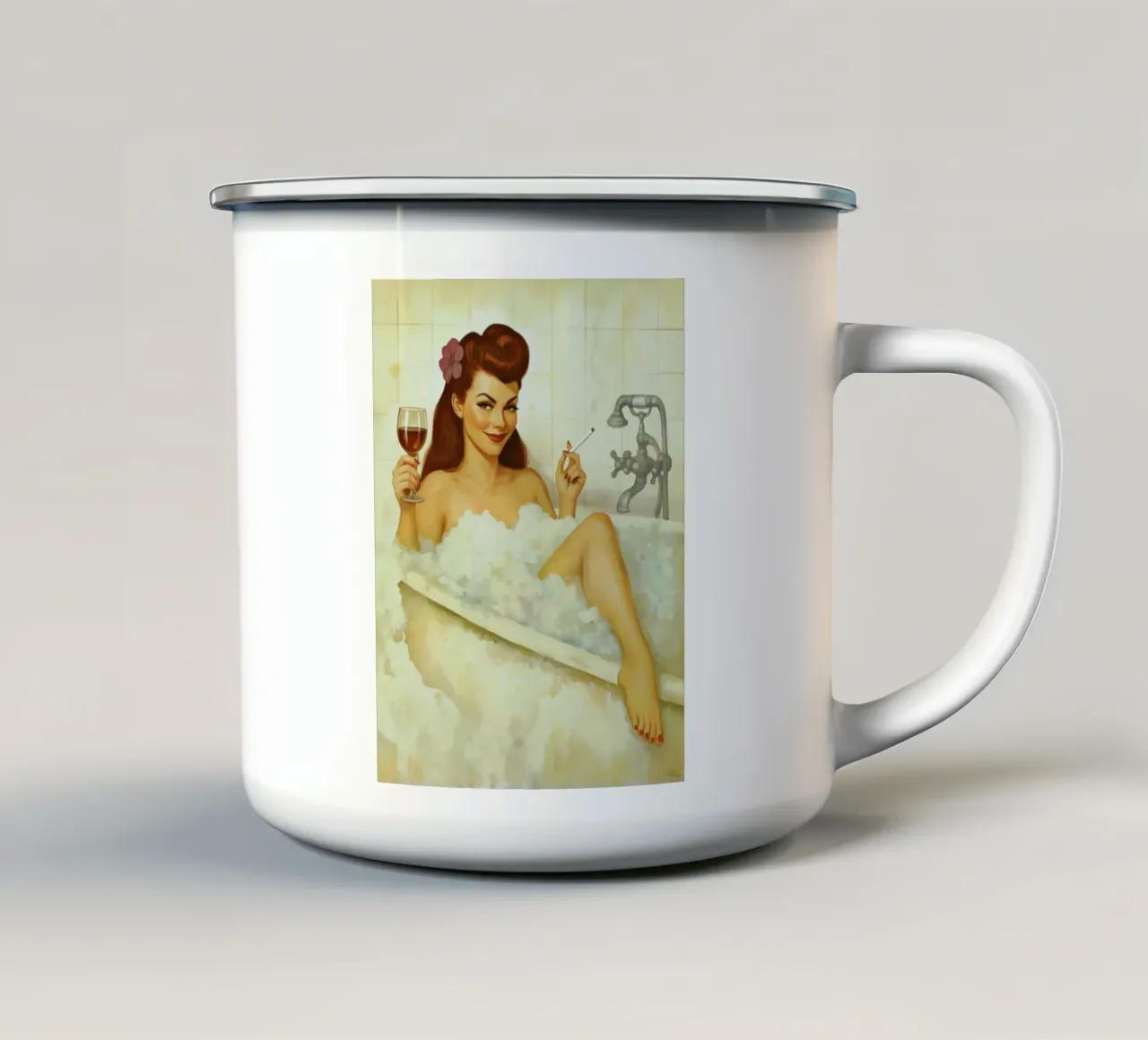 Pinup d'epoca in bagno turco con vino e sigaretta tazza in smalto da Hecate Pim Designs