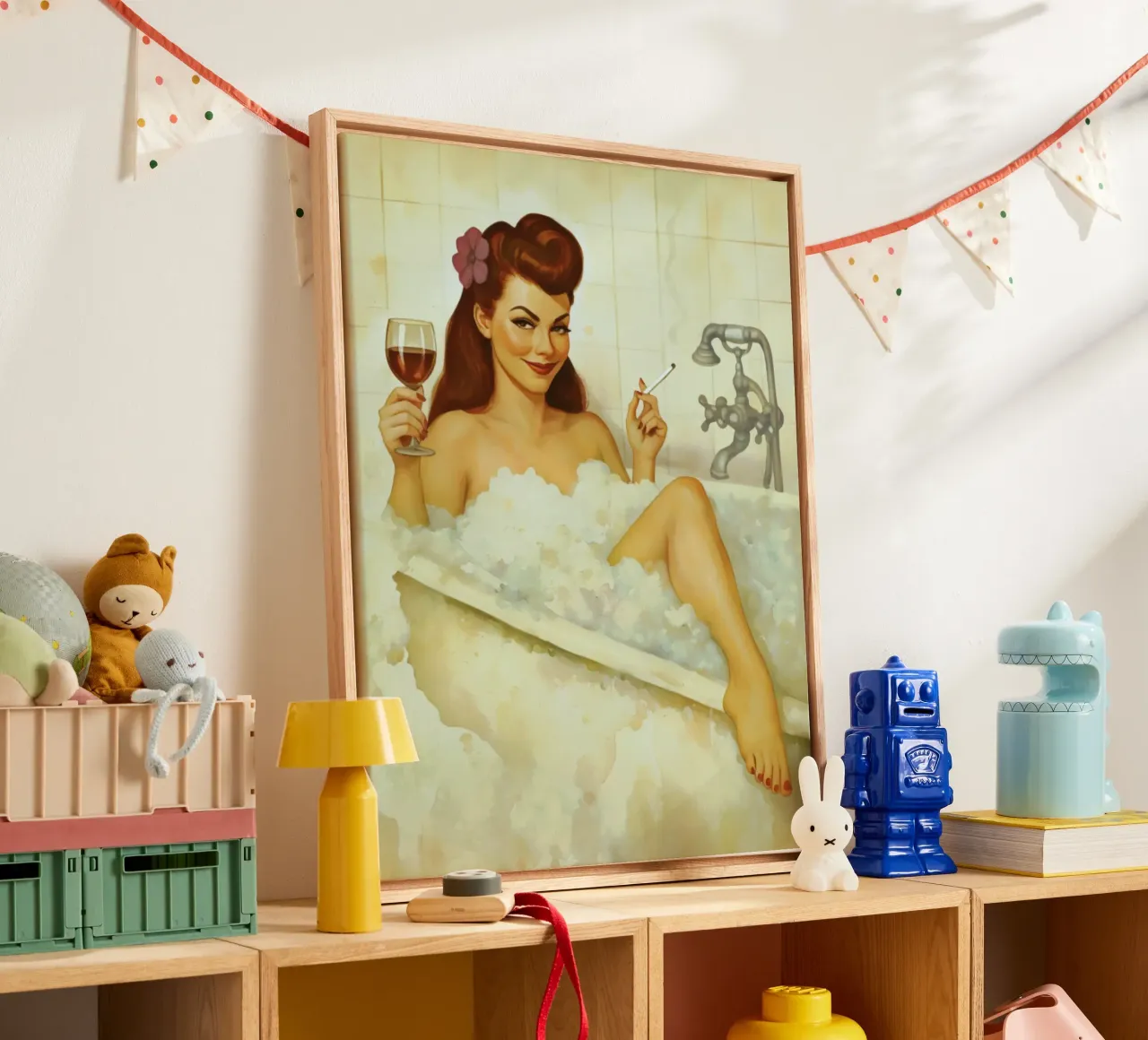 Pinup d'epoca in bagno turco con vino e sigaretta tela con Cornice a cassetta da Hecate Pim Designs
