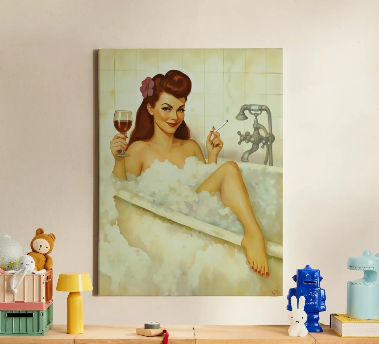 Pinup d'epoca in bagno turco con vino e sigaretta tela con Cornice a cassetta da Hecate Pim Designs
