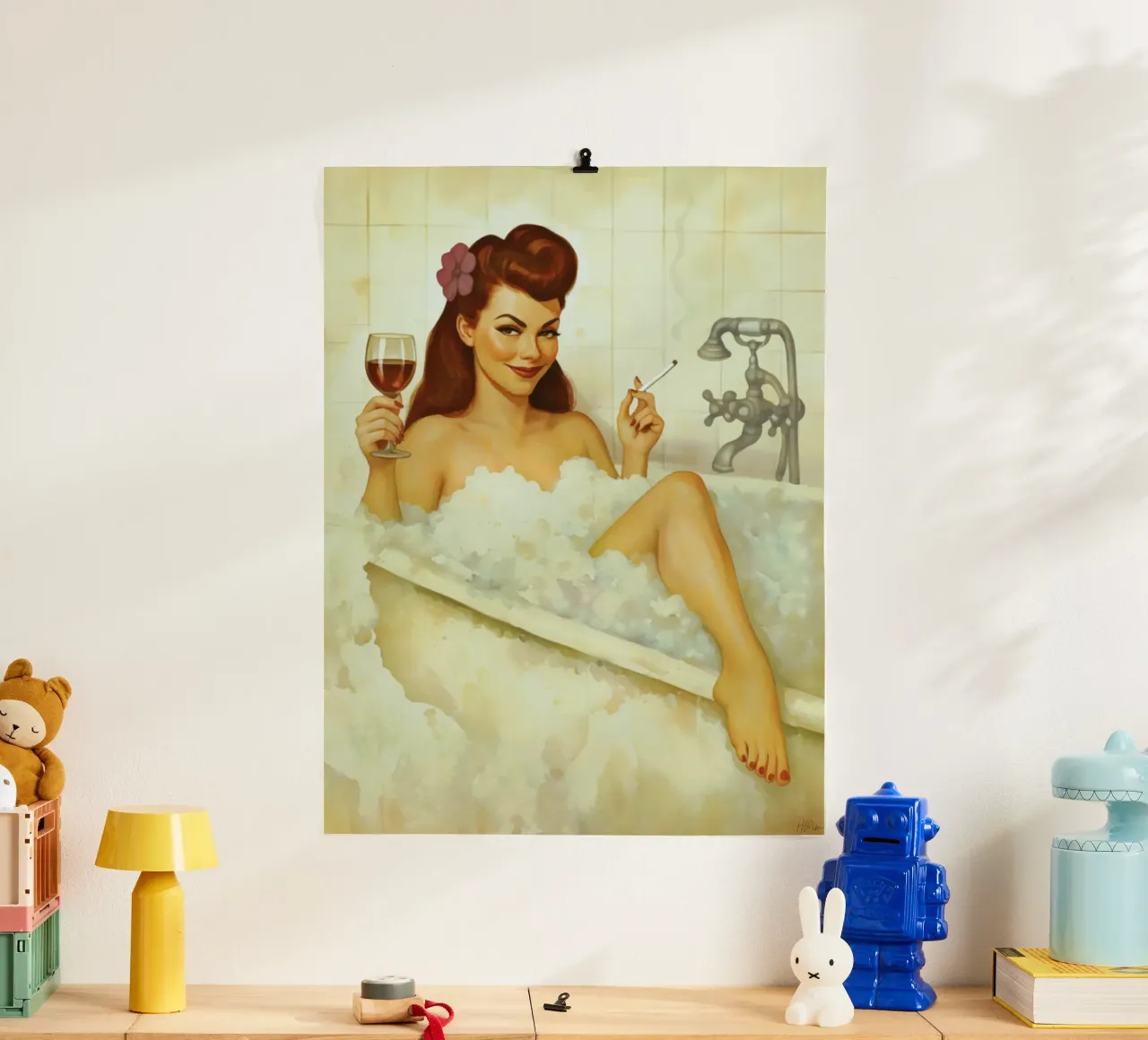 Pinup d'epoca in bagno turco con vino e sigaretta carta hahnemühle da Hecate Pim Designs