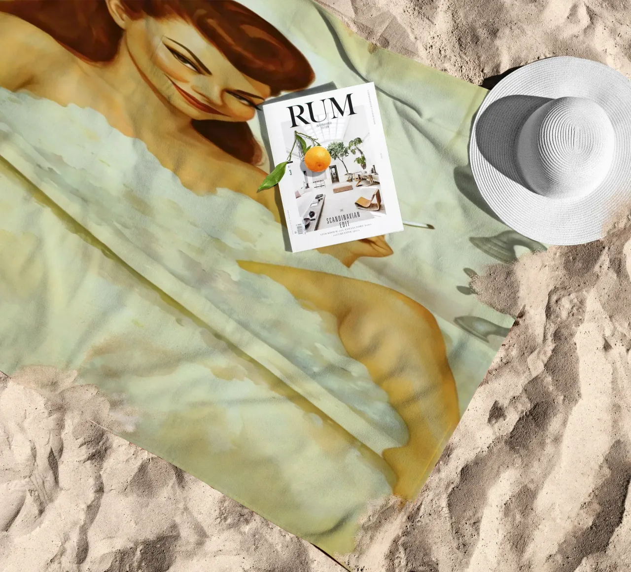 Pinup d'epoca in bagno turco con vino e sigaretta telo mare da Hecate Pim Designs