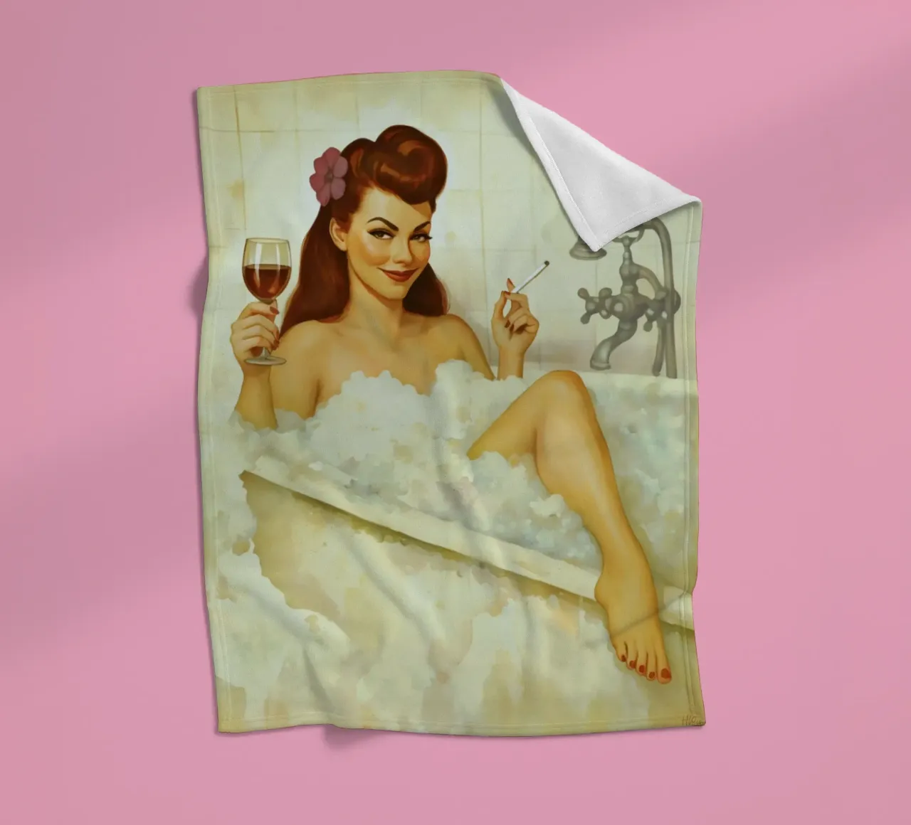 Vintage Pinup Girl in Bubble Bath with Wine and Cigarette fleece blanket by Hecate Pim Designs