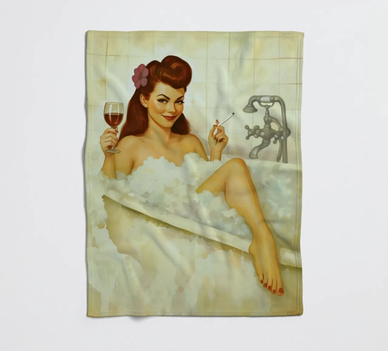 Vintage Pinup Girl in Bubble Bath with Wine and Cigarette fleece blanket by Hecate Pim Designs