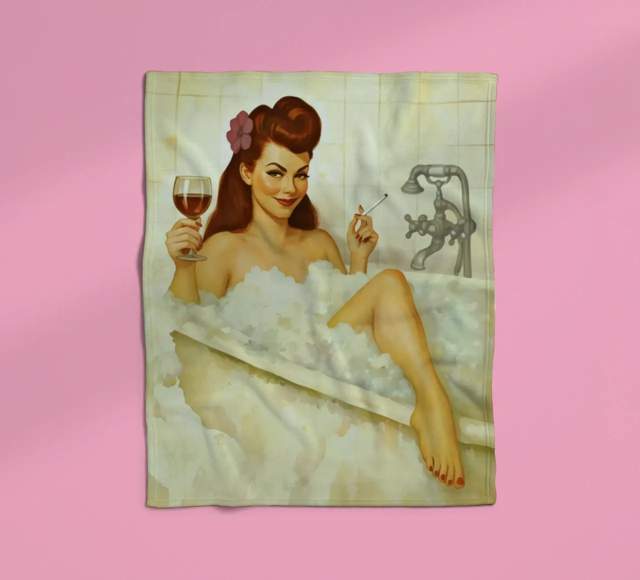 Vintage Pinup Girl in Bubble Bath with Wine and Cigarette fleece blanket by Hecate Pim Designs