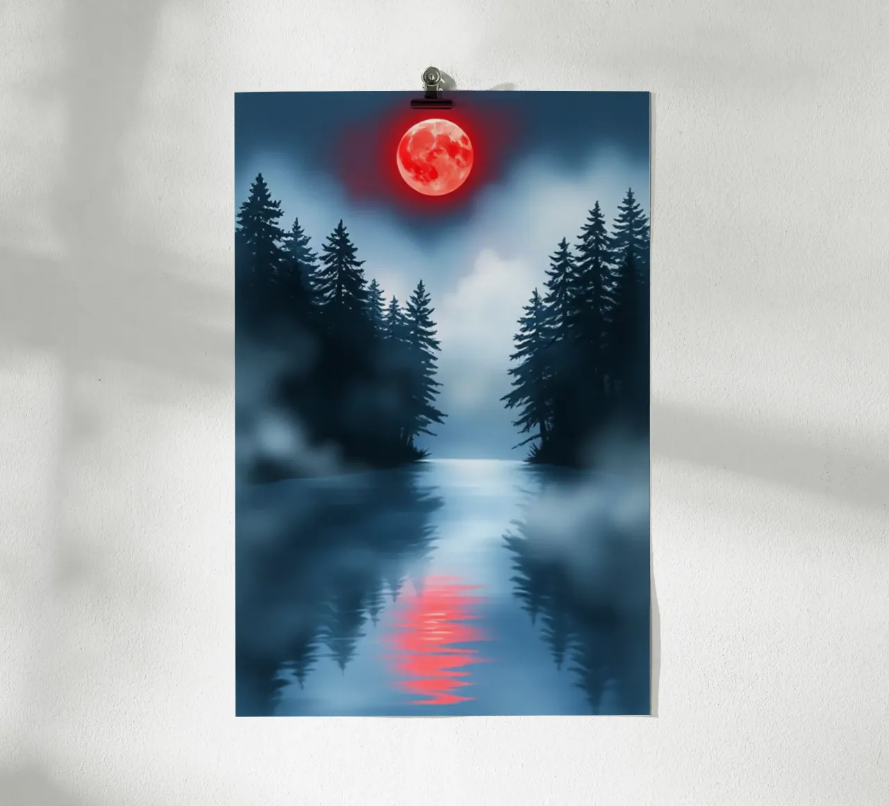 Ein mystischer Waldsee unter dem bezaubernden Glanz des Blutmonds Poster von Artistic-shop