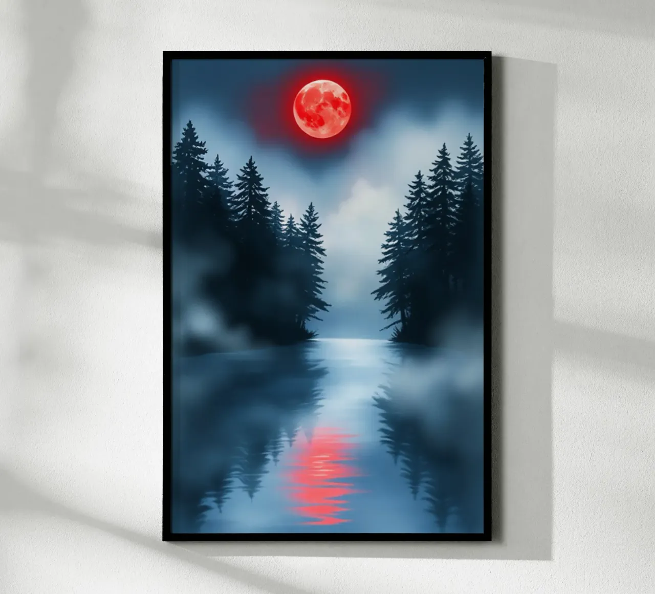 Ein mystischer Waldsee unter dem bezaubernden Glanz des Blutmonds Poster von Artistic-shop
