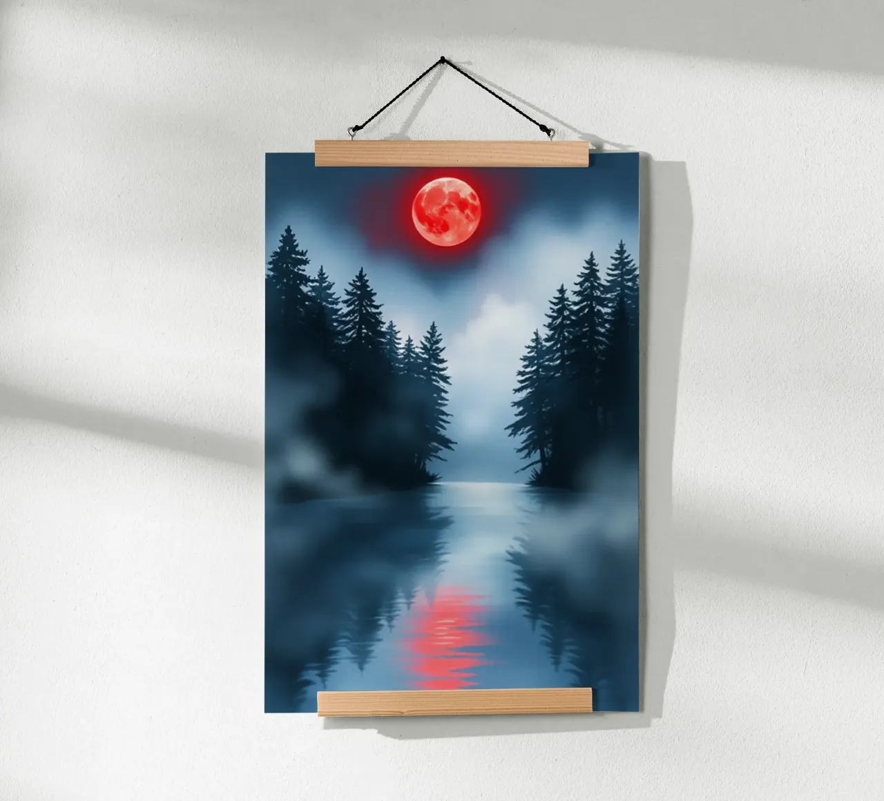 Ein mystischer Waldsee unter dem bezaubernden Glanz des Blutmonds Poster von Artistic-shop