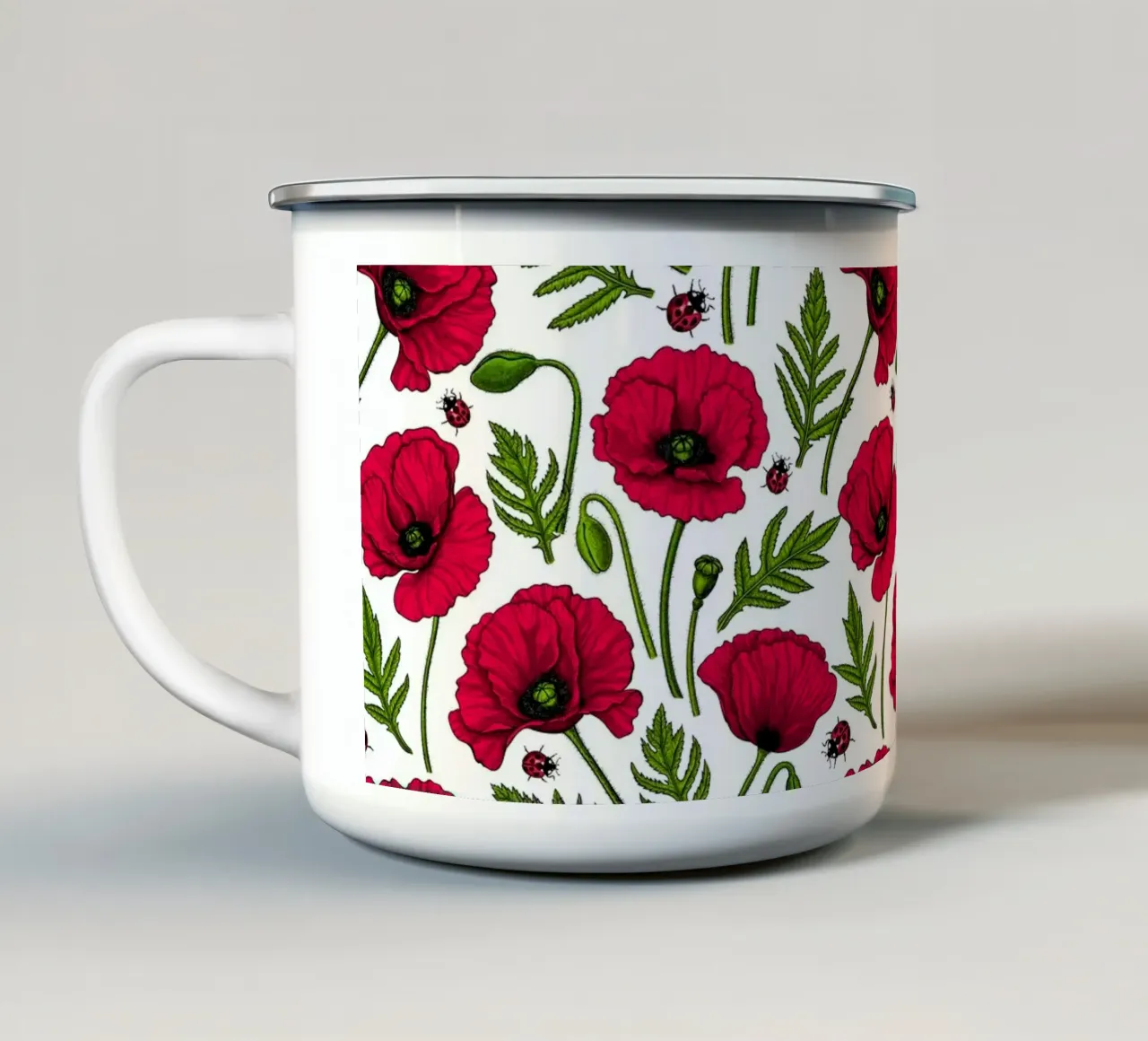 Papaveri rossi e coccinelle tazza in smalto da Painted Nature