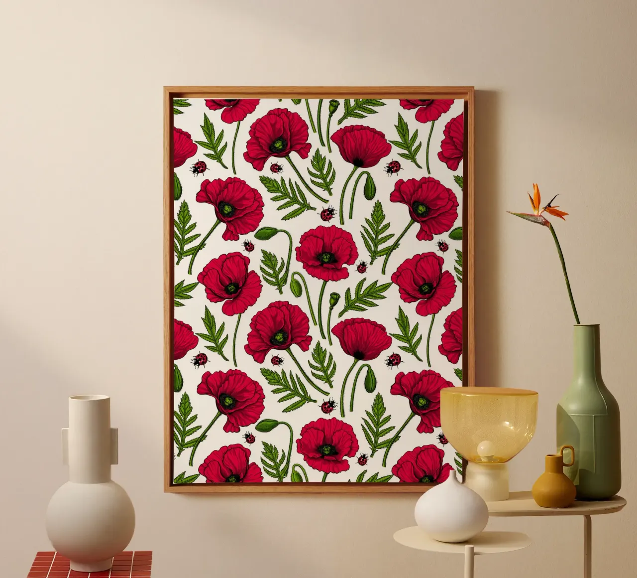 Red poppies and lady bugs canvas with Floater frame by Painted Nature