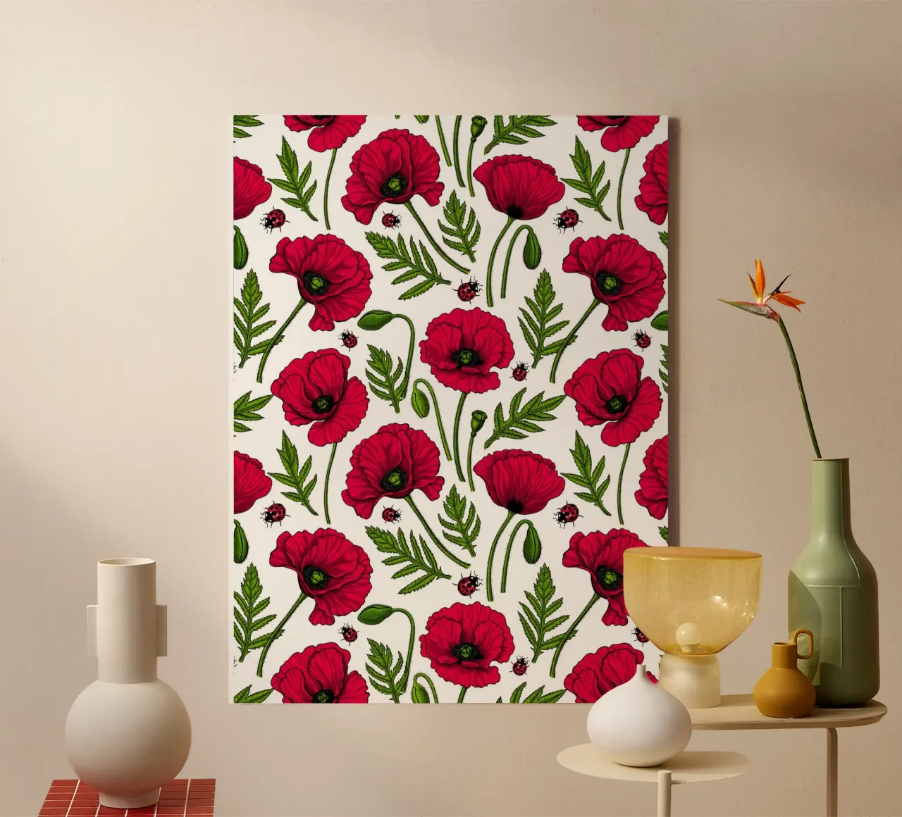 Red poppies and lady bugs canvas with Floater frame by Painted Nature