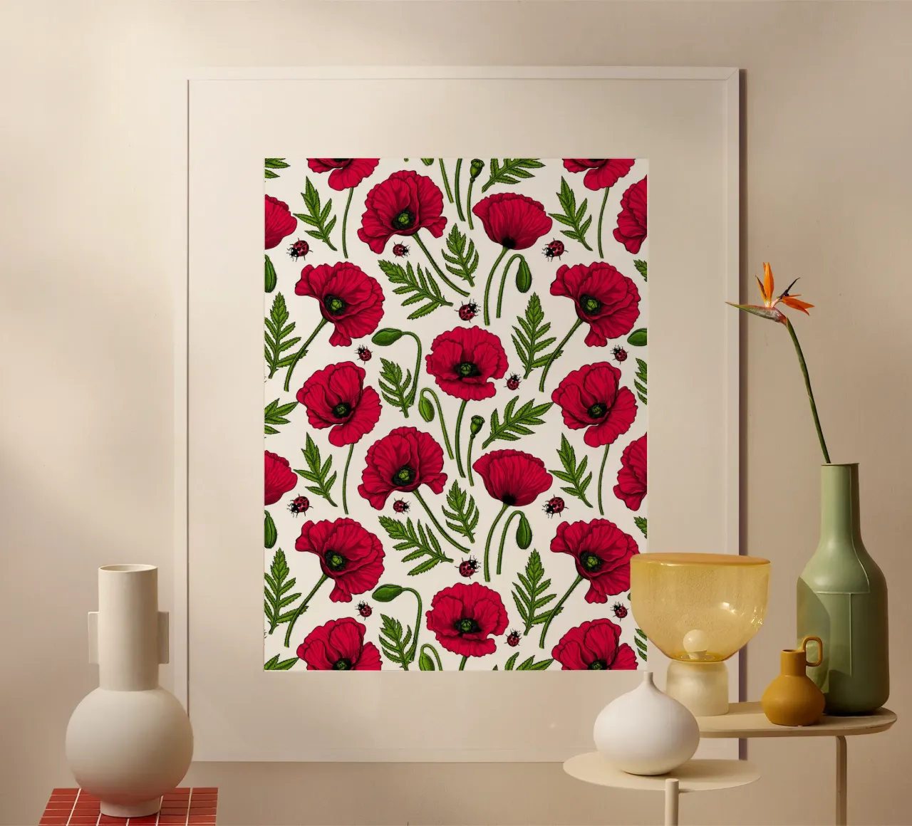Red poppies and lady bugs poster by Painted Nature