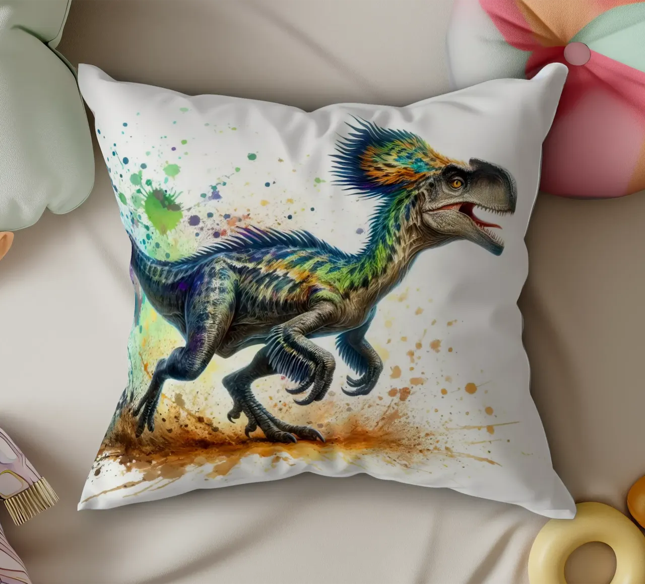 Dinosauro colorato con schizzi di vernice cuscino da 🥝 KIWI STORE