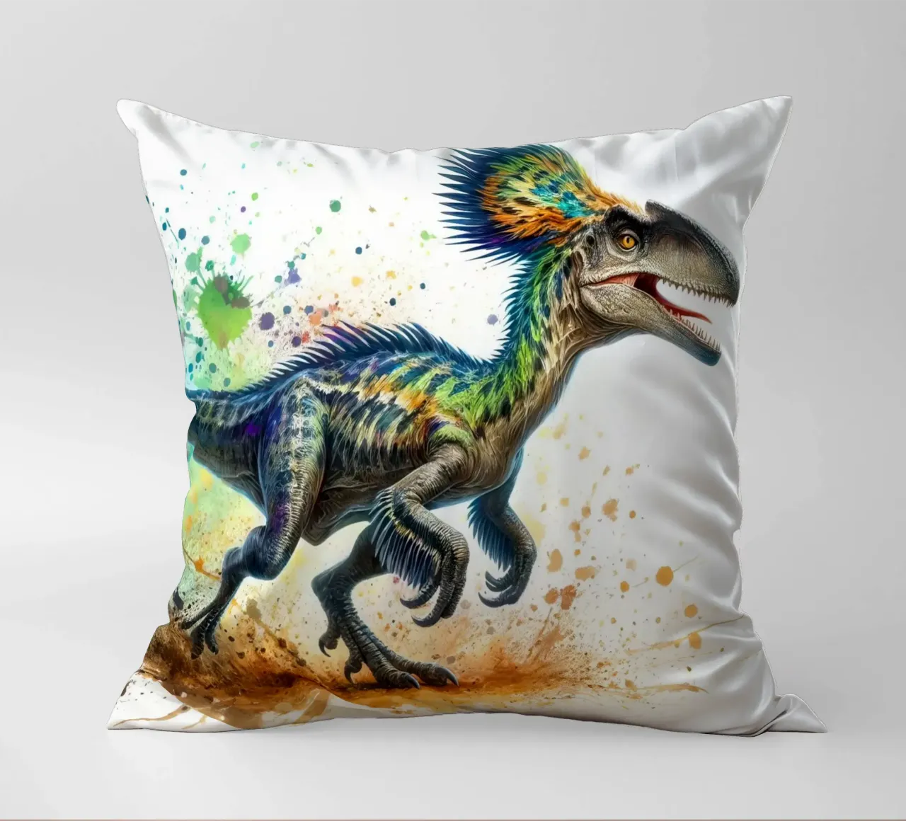 Dinosauro colorato con schizzi di vernice cuscino da 🥝 KIWI STORE