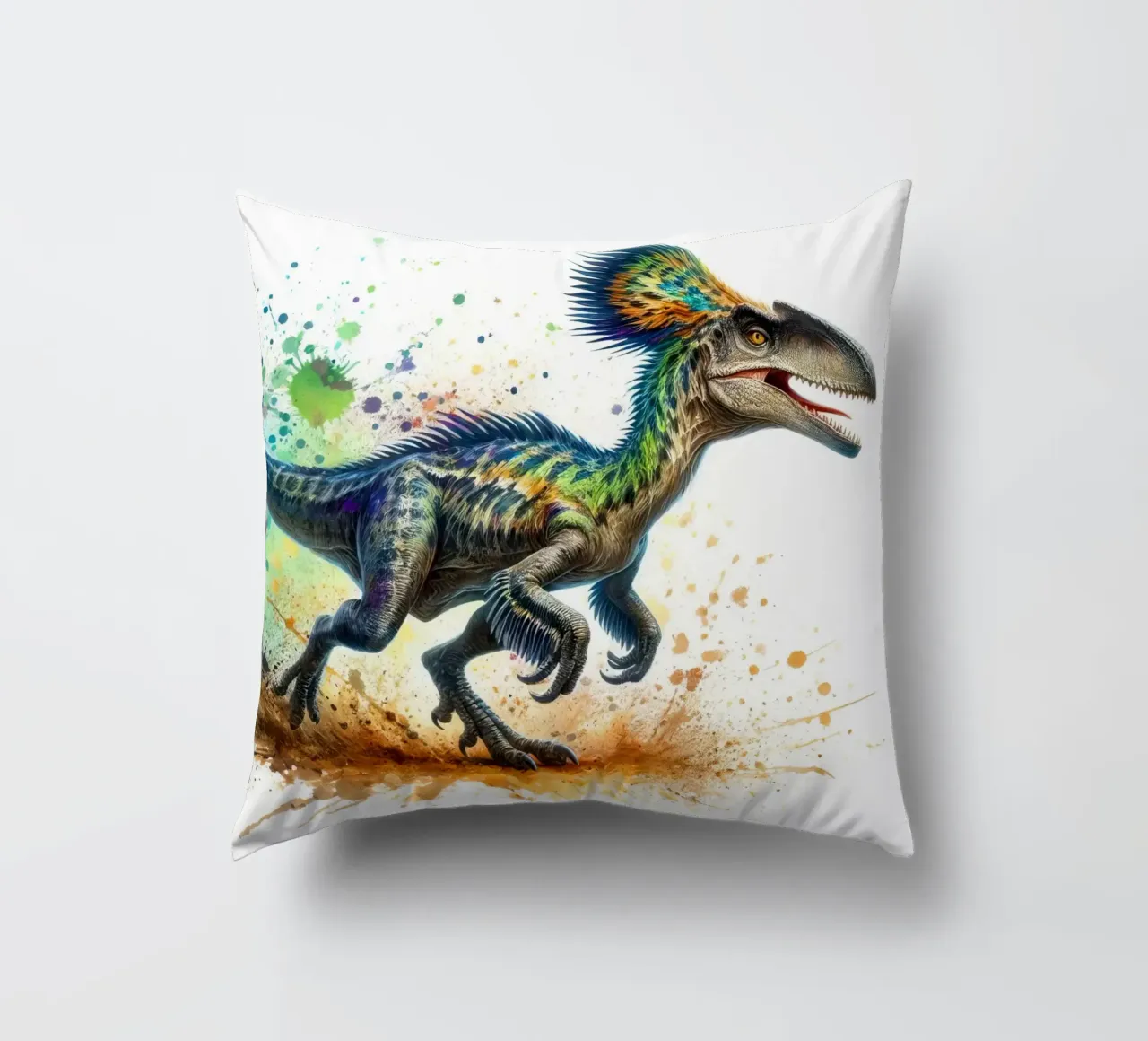 Dinosauro colorato con schizzi di vernice cuscino da 🥝 KIWI STORE