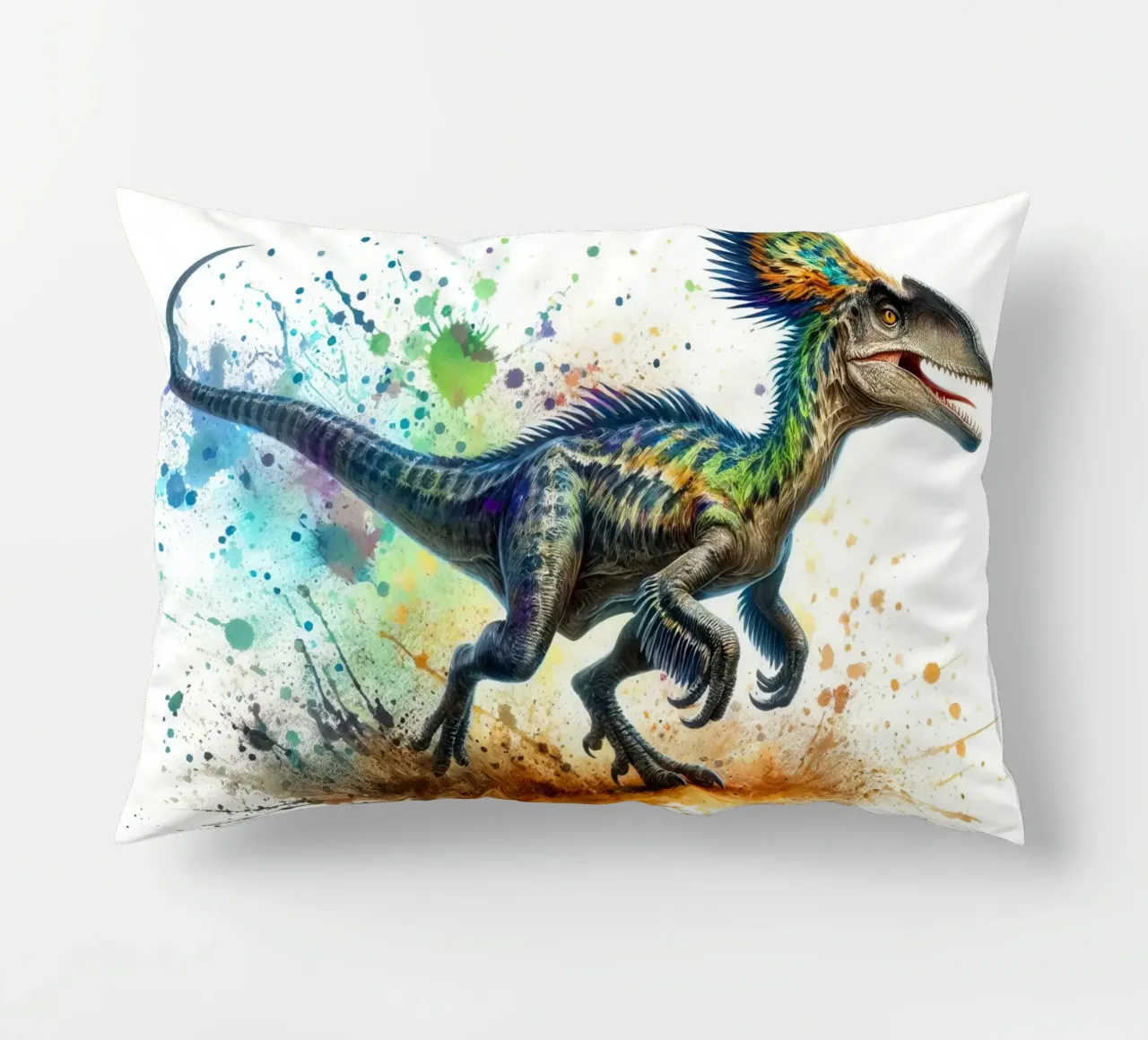 Dinosauro colorato con schizzi di vernice cuscino da 🥝 KIWI STORE