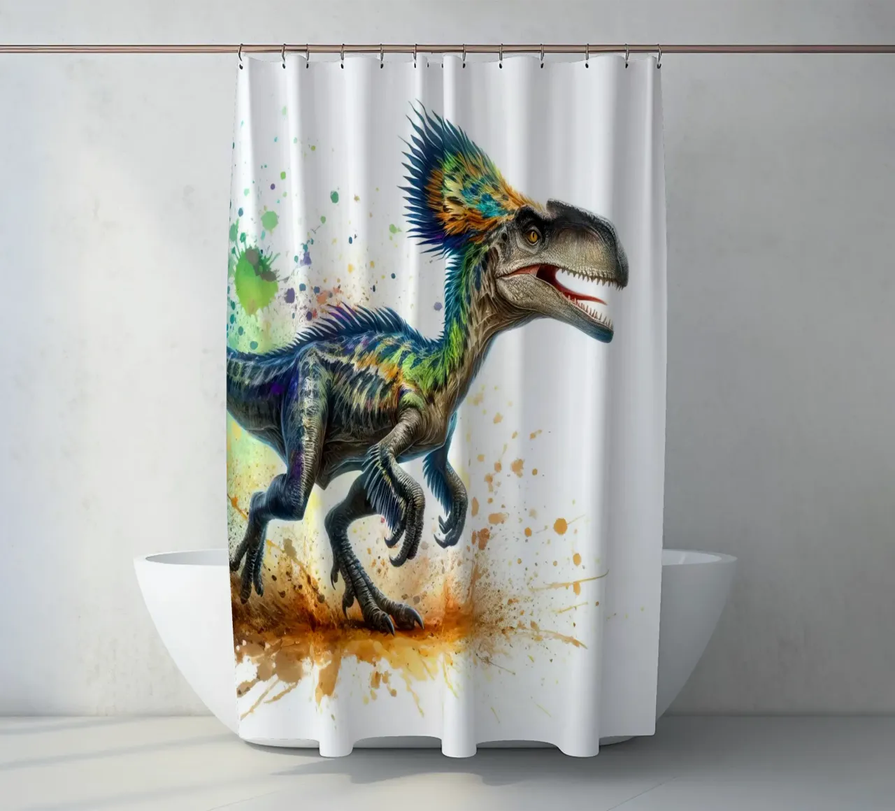 Colorful Dinosaur with Paint Splatters shower curtain by 🥝 KIWI STORE