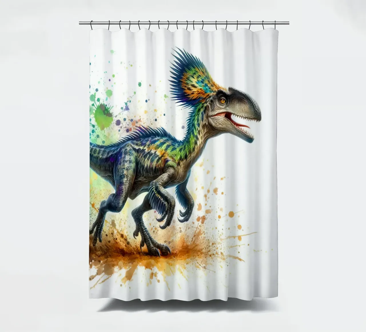Colorful Dinosaur with Paint Splatters shower curtain by 🥝 KIWI STORE