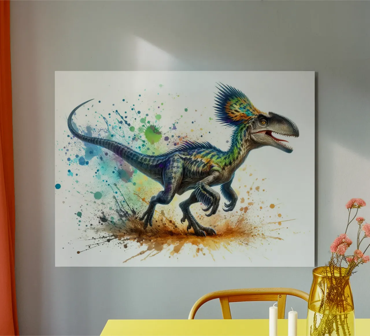 Dinosauro colorato con schizzi di vernice alluminio dibond da 🥝 KIWI STORE