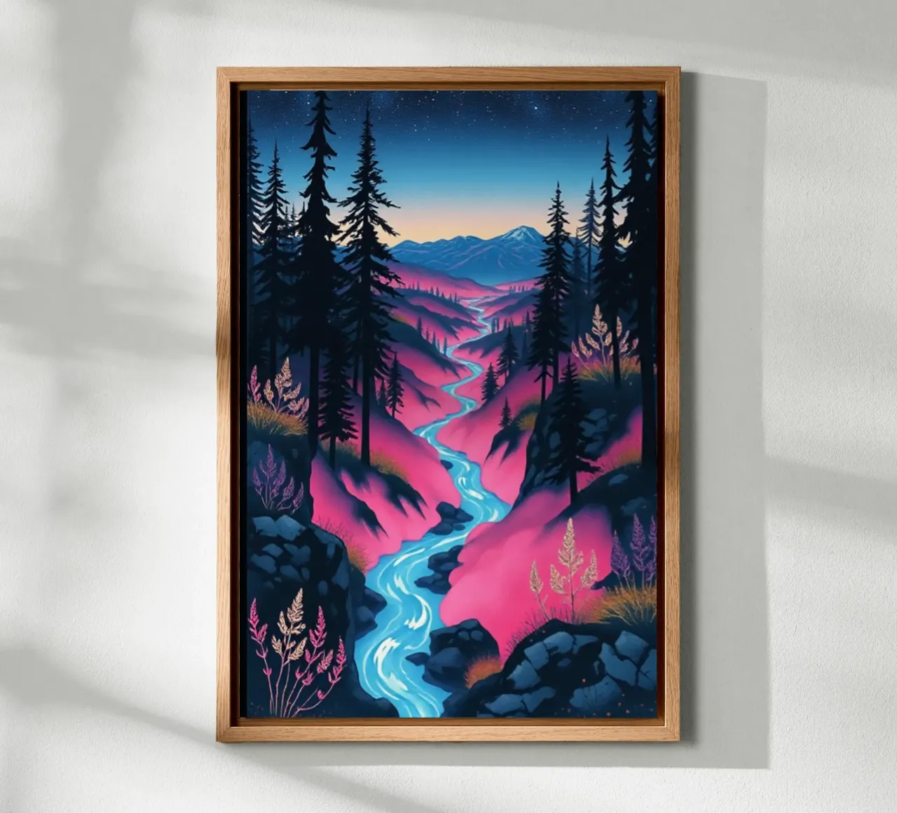 Viaggio mistico nel fiume crepuscolo: Un vibrante paesaggio onirico tela con Cornice a cassetta da Artistic-shop
