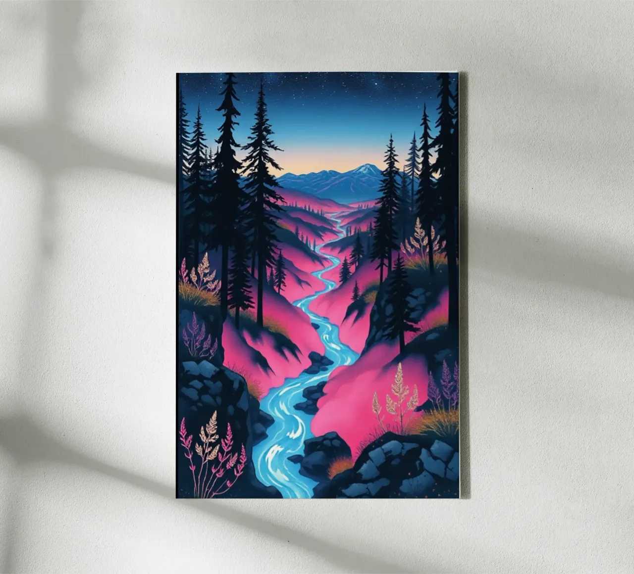 Viaggio mistico nel fiume crepuscolo: Un vibrante paesaggio onirico tela con Cornice a cassetta da Artistic-shop
