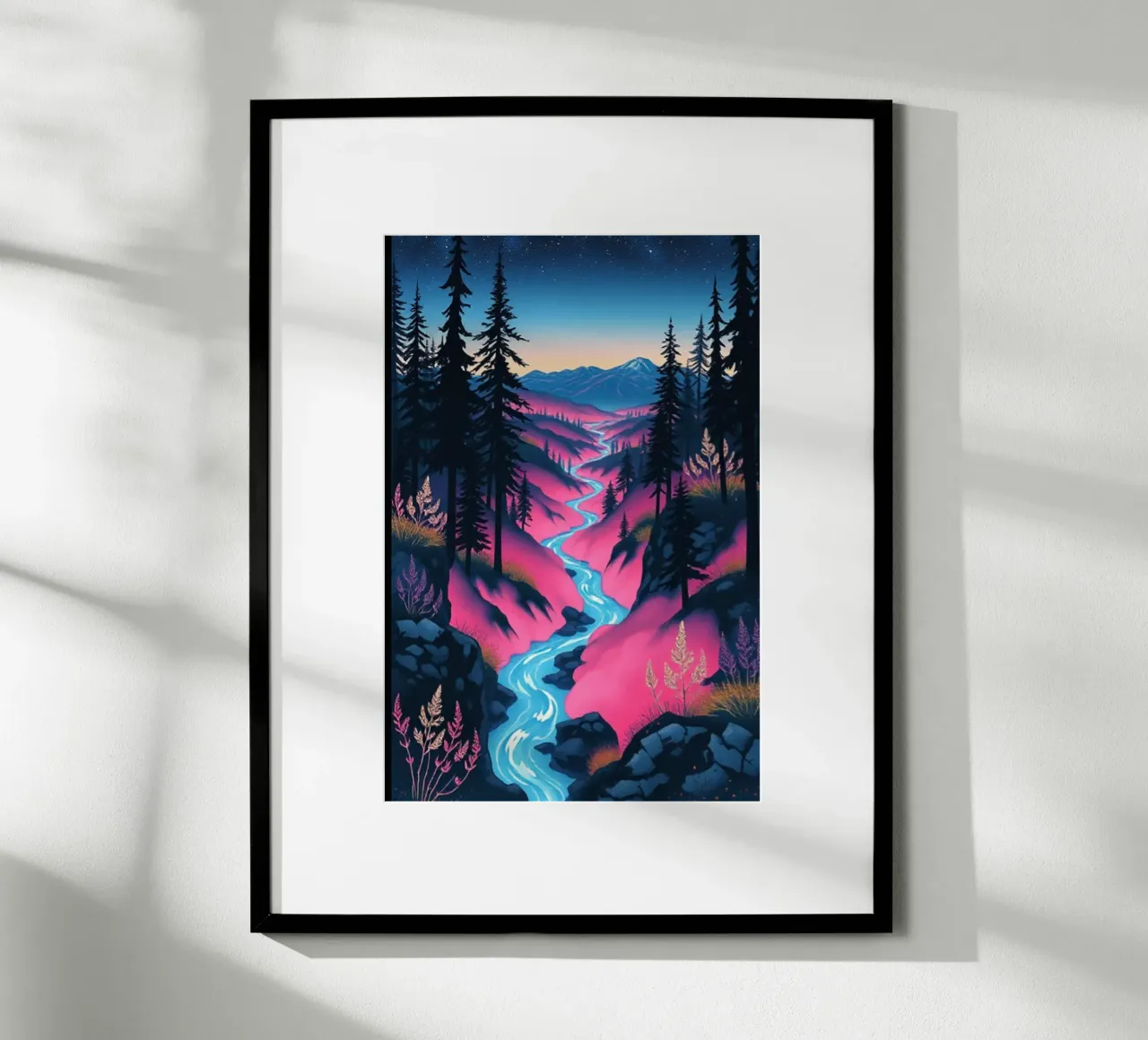 Viaggio mistico nel fiume crepuscolo: Un vibrante paesaggio onirico poster da Artistic-shop