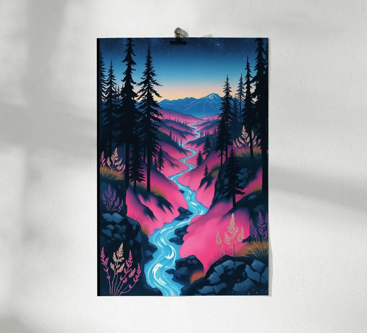 Viaggio mistico nel fiume crepuscolo: Un vibrante paesaggio onirico poster da Artistic-shop