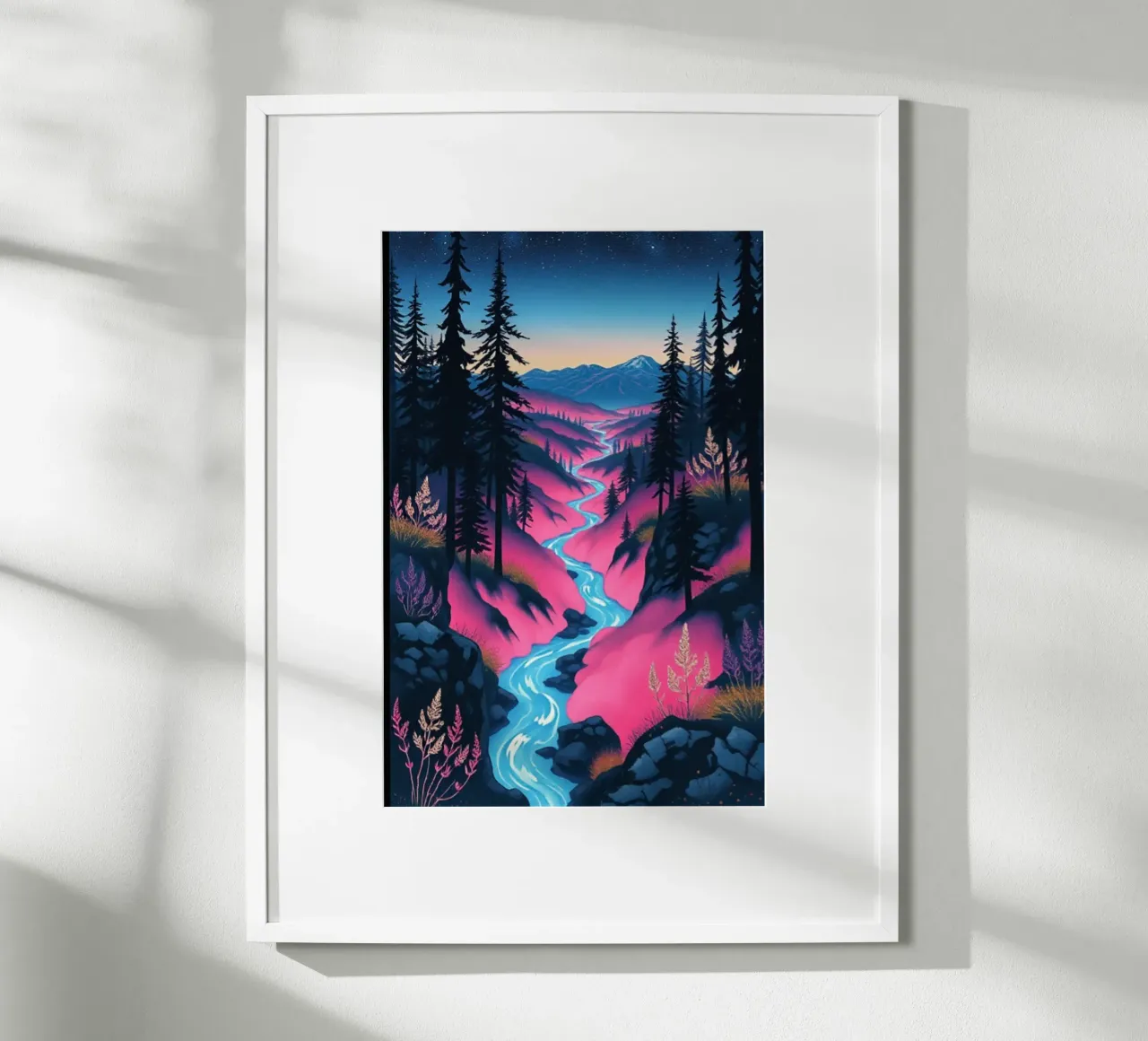 Viaggio mistico nel fiume crepuscolo: Un vibrante paesaggio onirico poster da Artistic-shop