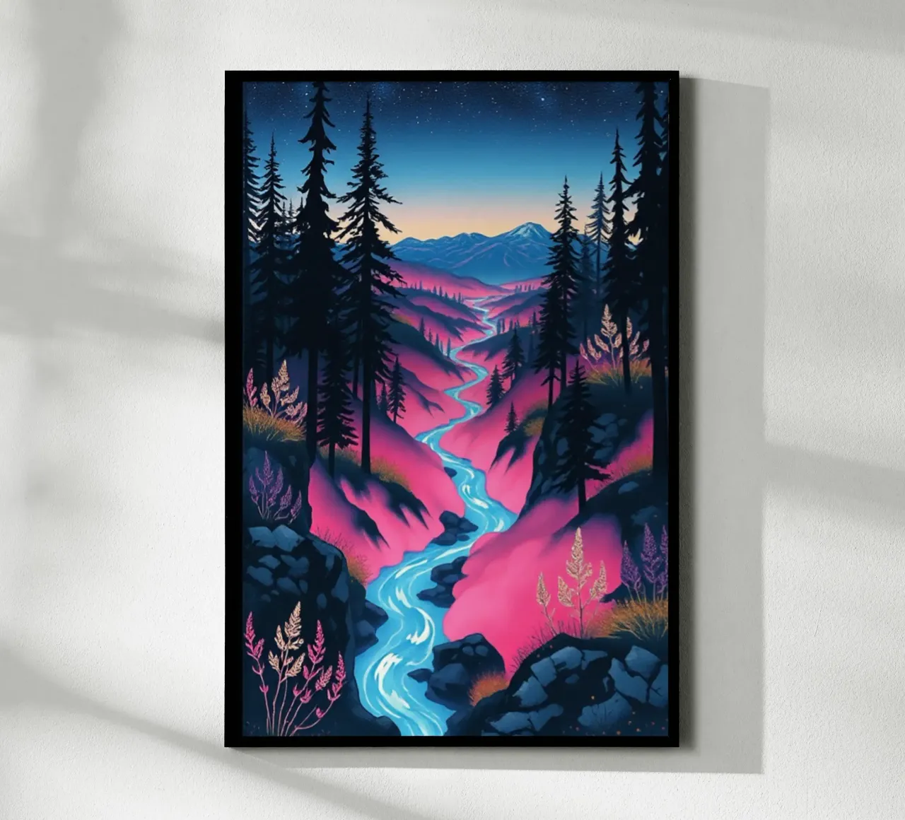 Viaggio mistico nel fiume crepuscolo: Un vibrante paesaggio onirico poster da Artistic-shop