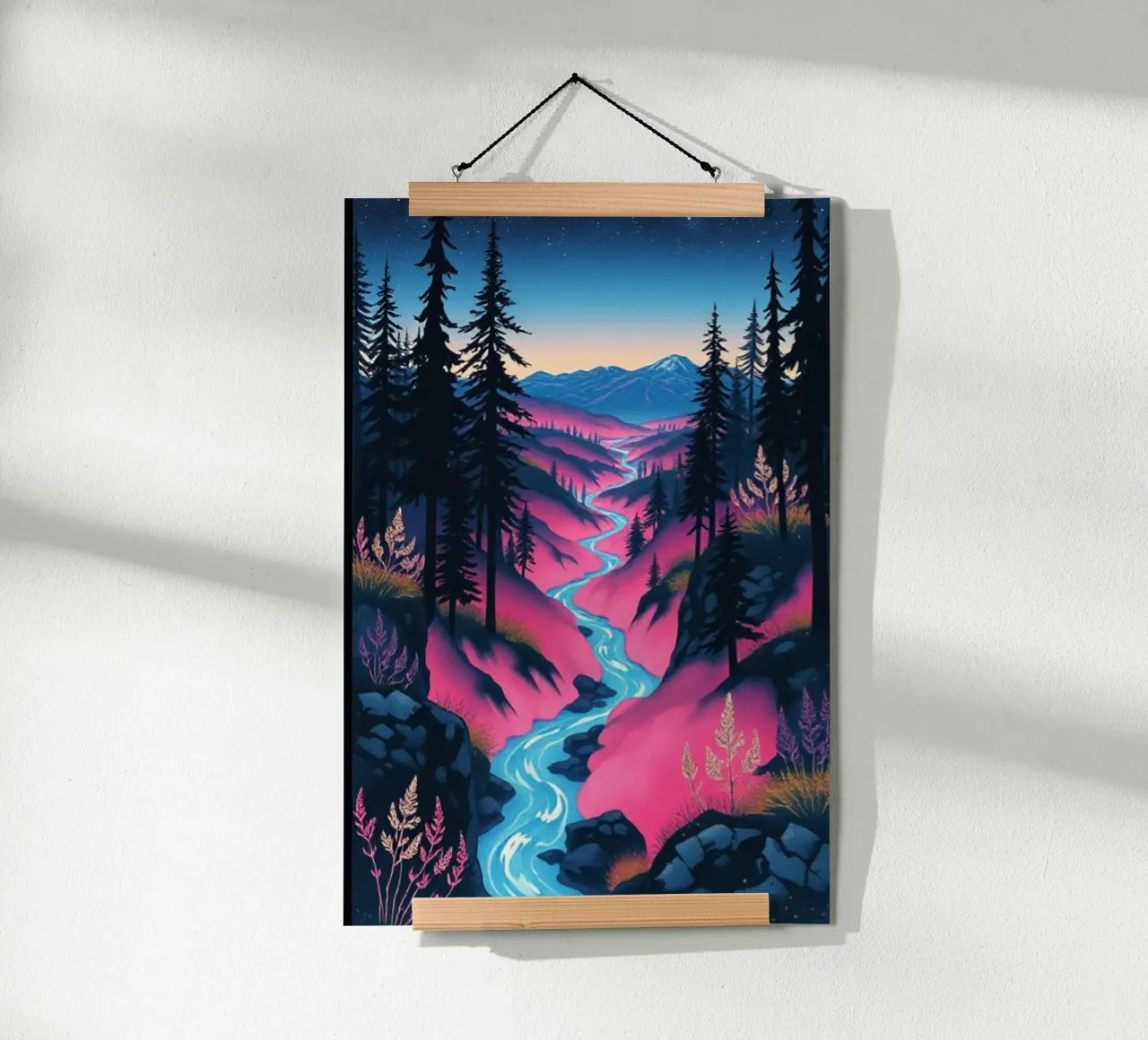 Viaggio mistico nel fiume crepuscolo: Un vibrante paesaggio onirico poster da Artistic-shop