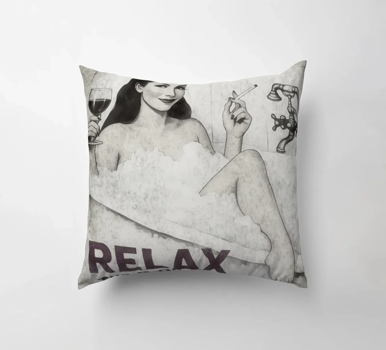 Relax, Pinup Girl Pop Art with Nihilistic Sarcasm decorative cushion by Hecate Pim Designs