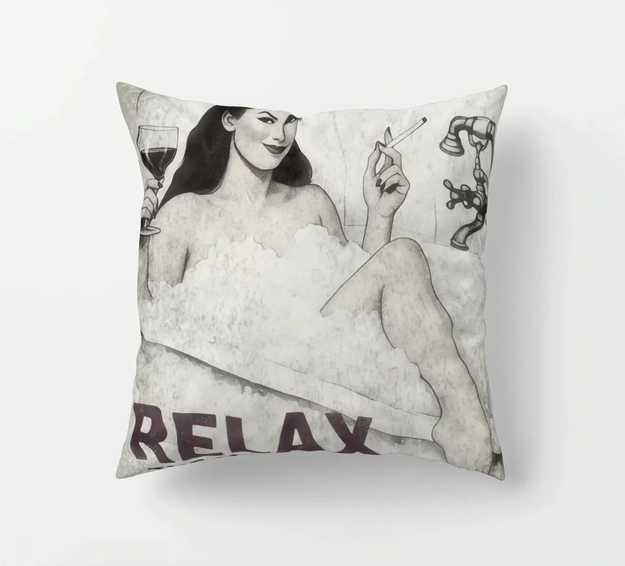 Relax, Pinup Girl Pop Art with Nihilistic Sarcasm decorative cushion by Hecate Pim Designs