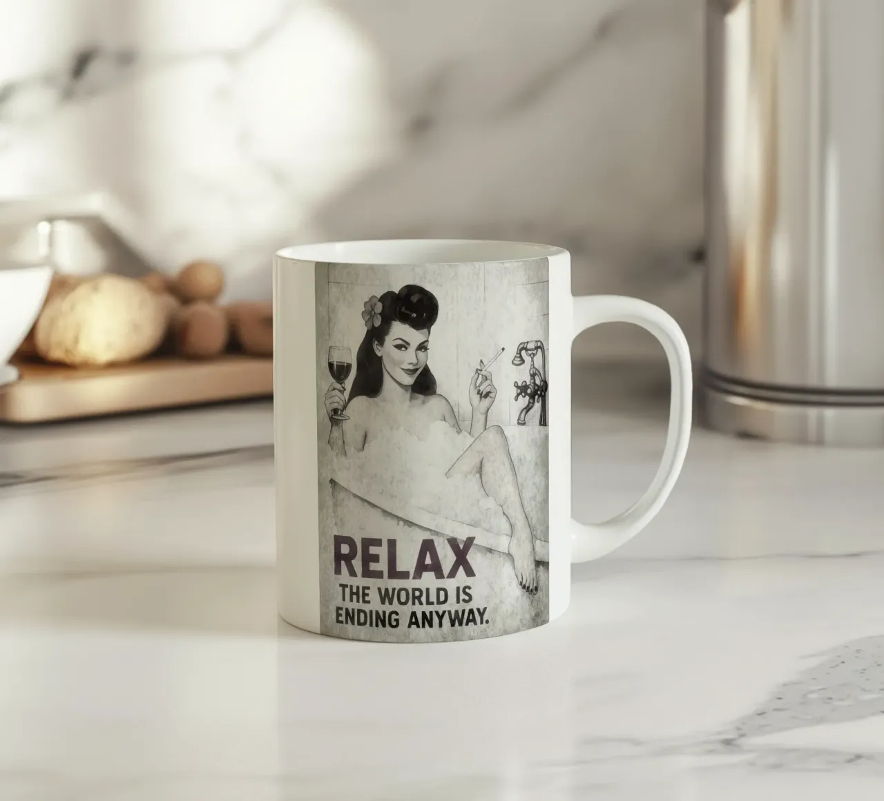 Relax, Pinup Girl Pop Art met nihilistisch sarcasme keramische mok van Hecate Pim Designs