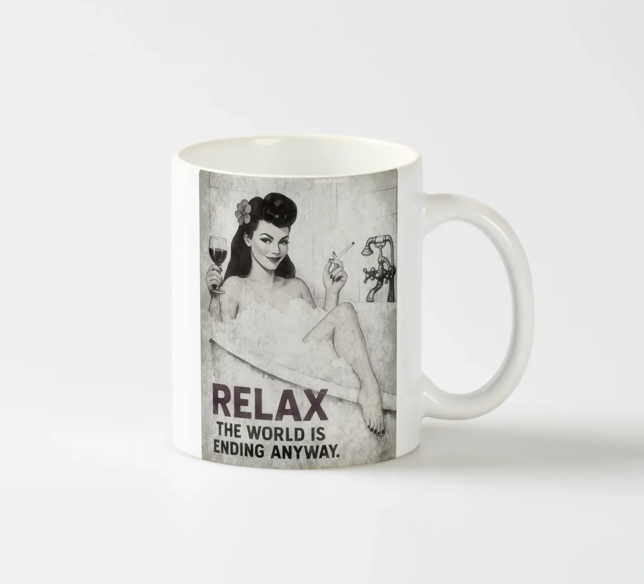 Relax, Pinup Girl Pop Art met nihilistisch sarcasme keramische mok van Hecate Pim Designs