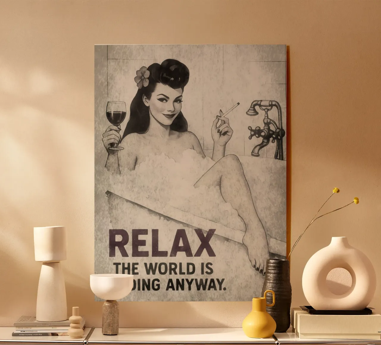 Relax, Pinup Girl Pop Art with Nihilistic Sarcasm acrylic glass by Hecate Pim Designs