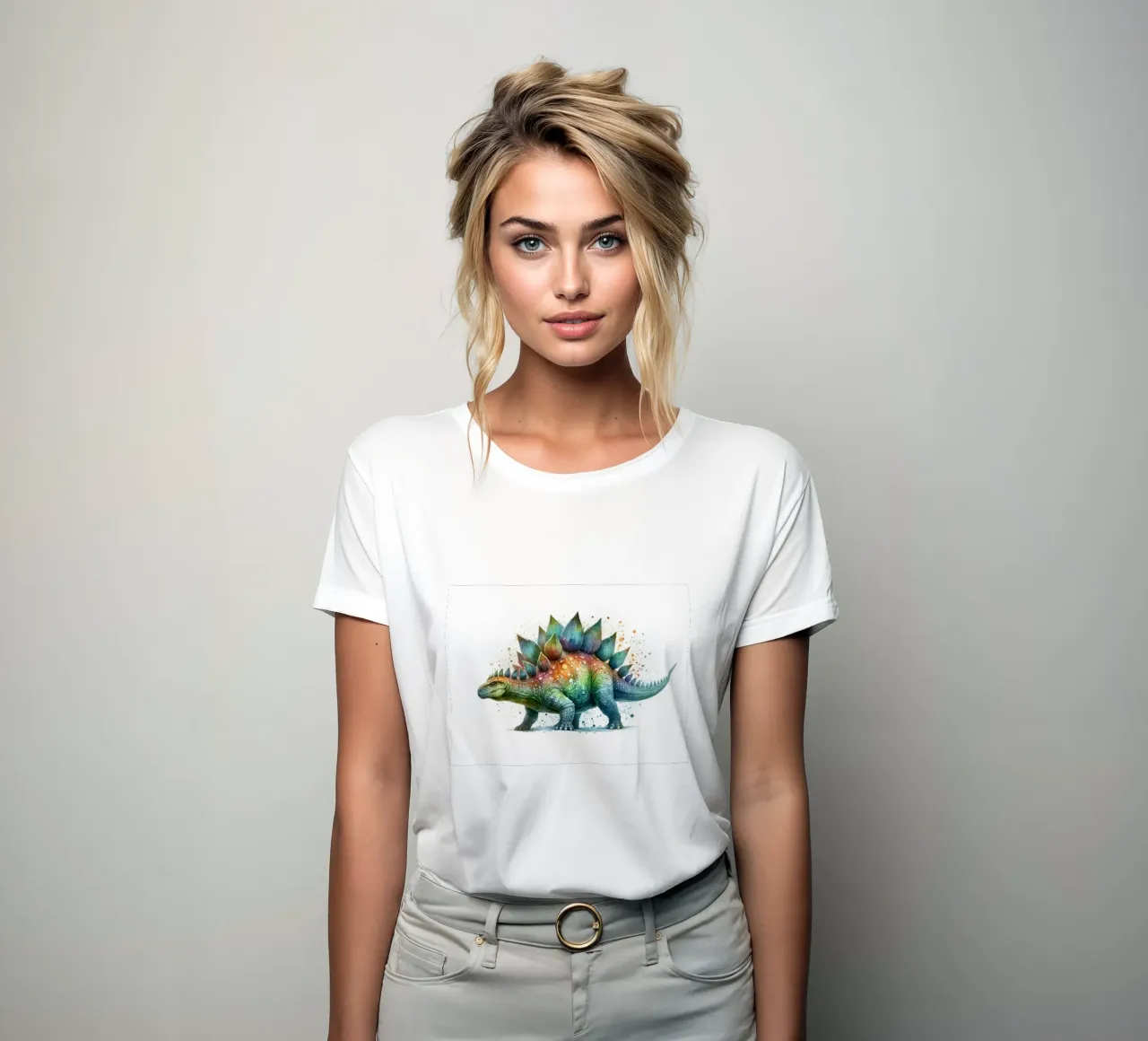 Colorful Stegosaurus Watercolor Illustration women's fitted t-shirt by 🥝 KIWI STORE