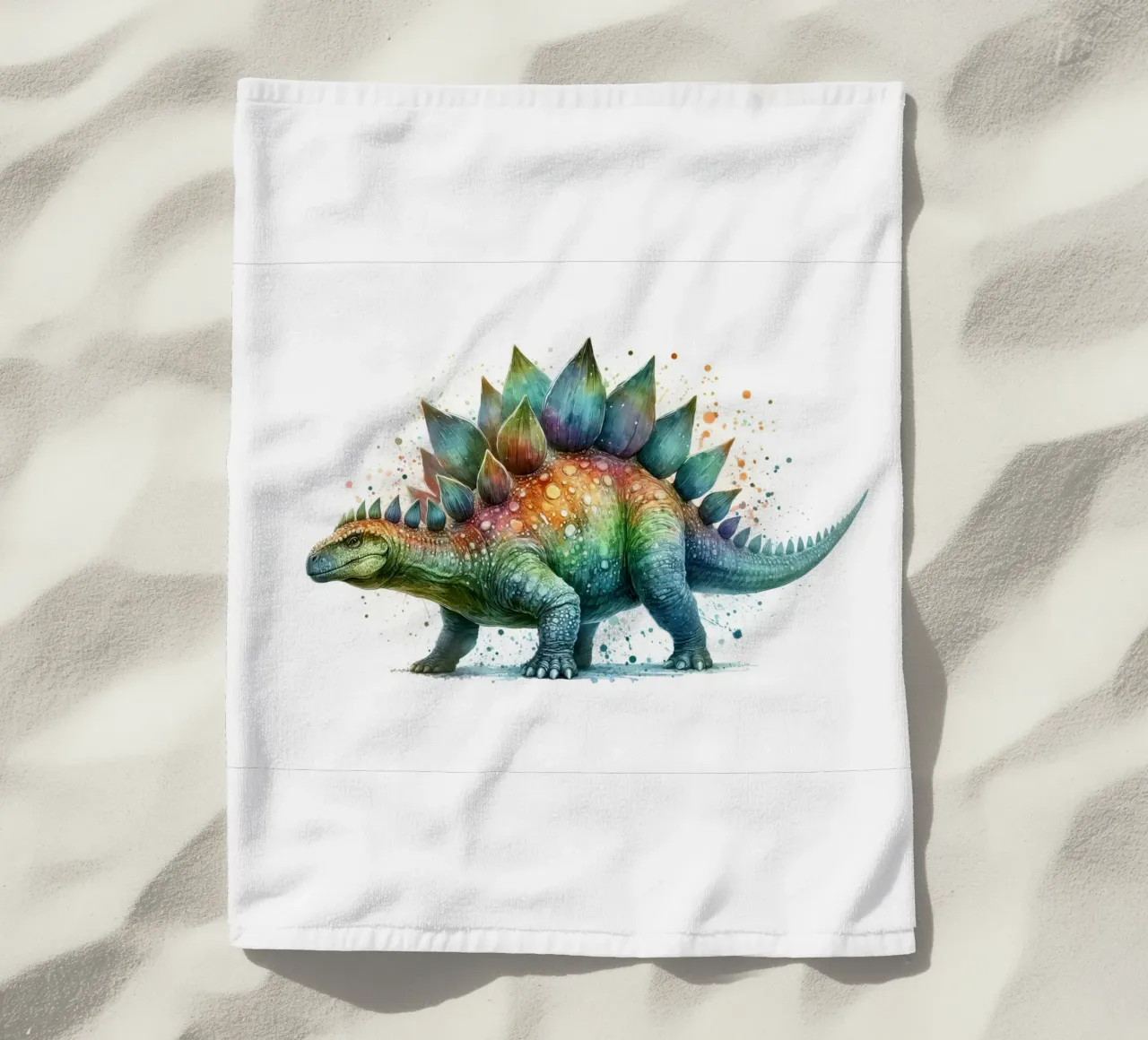 Colorful Stegosaurus Watercolor Illustration beach towel by 🥝 KIWI STORE