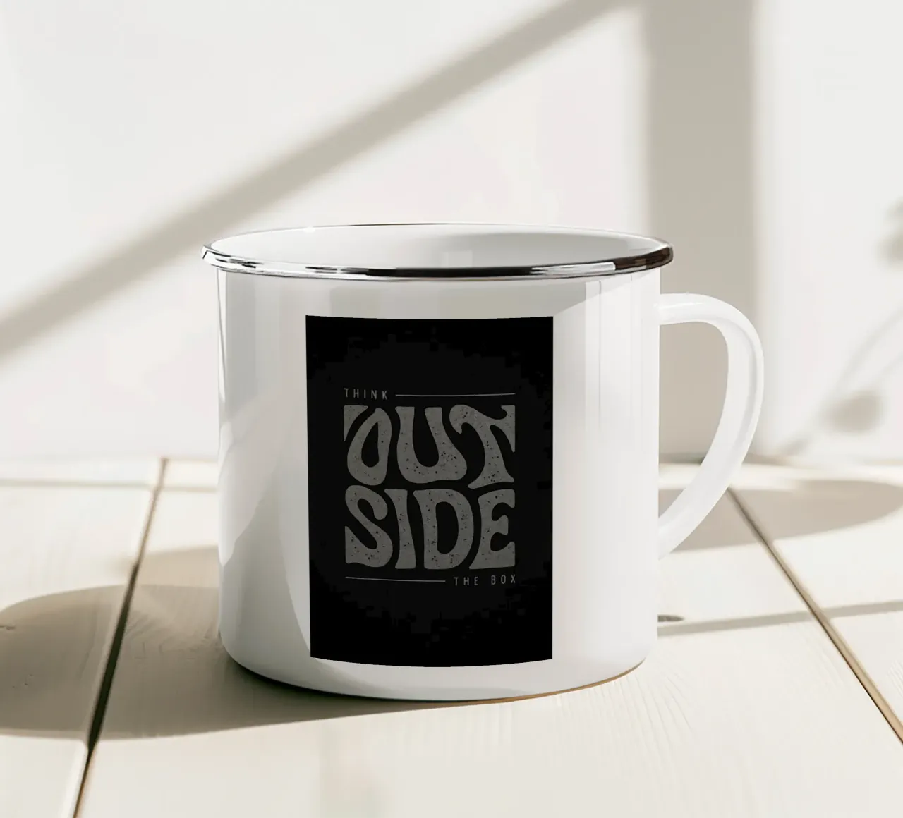 "Think Outside The Box" Motiverende Typografie Kunstdruk emaille mok van inspirational quote