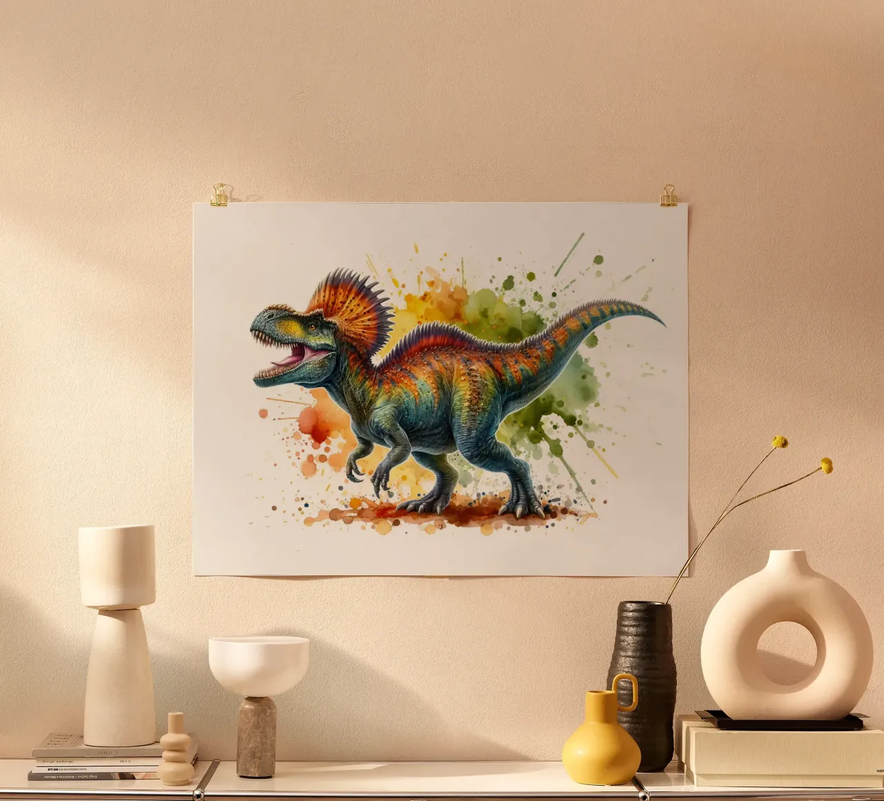 Dilophosaurus Pittura ad acquerello poster con telaio in legno da 🥝 KIWI STORE