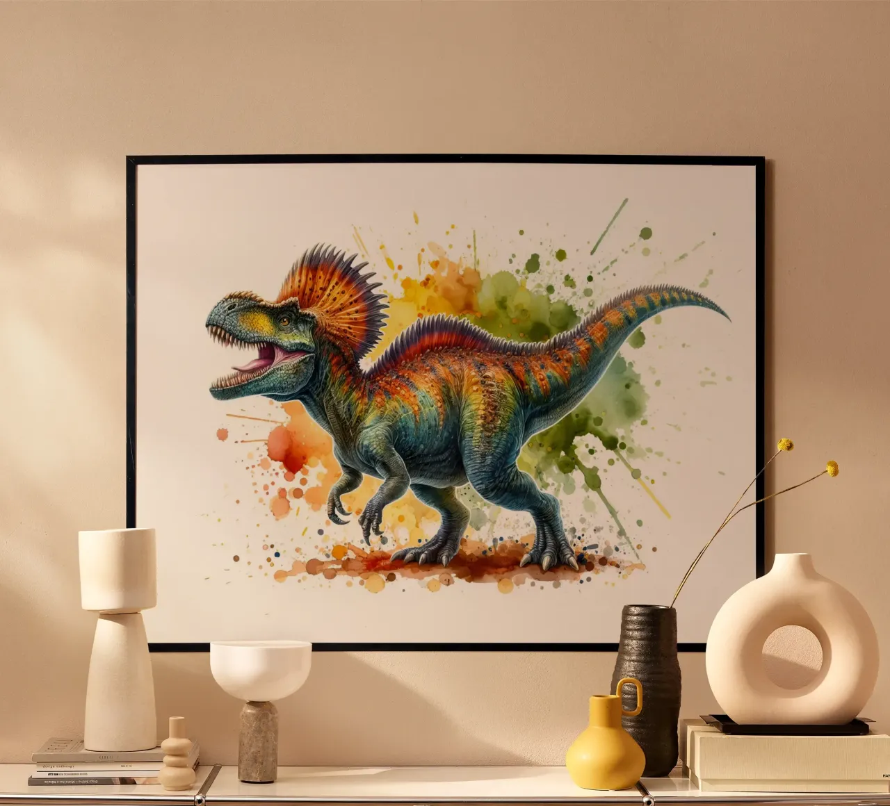 Dilophosaurus Pittura ad acquerello poster con telaio in legno da 🥝 KIWI STORE