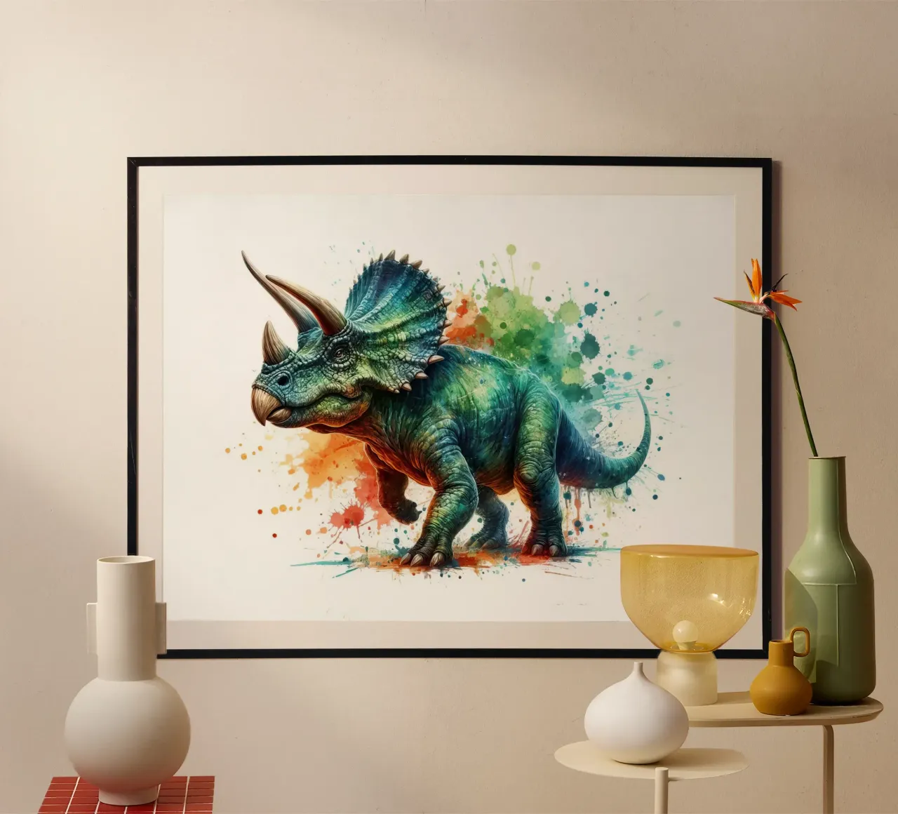 Illustrazione di dinosauro Triceratopo ad acquerello poster con telaio in plastica da 🥝 KIWI STORE