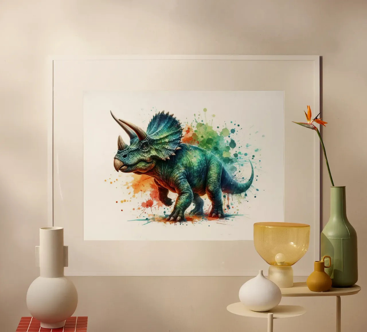 Illustrazione di dinosauro Triceratopo ad acquerello poster con telaio in plastica da 🥝 KIWI STORE