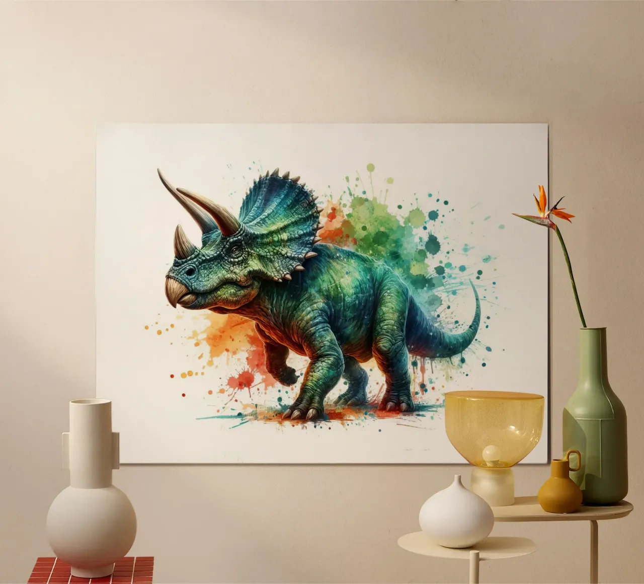 Illustrazione di dinosauro Triceratopo ad acquerello poster con telaio in plastica da 🥝 KIWI STORE